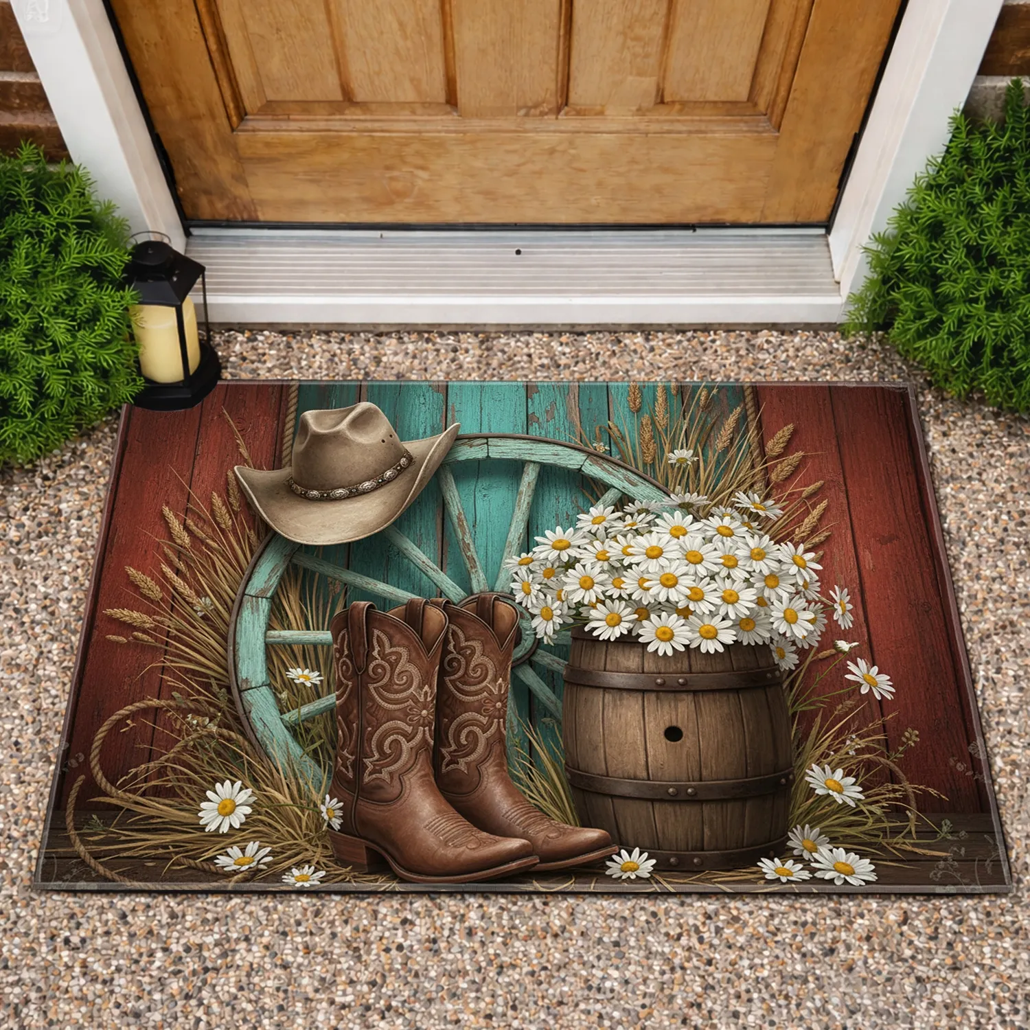Cowboy Boots Wagon Wheel Hat Daisies - Farmhouse Home Decor Gift Doormat - 1
