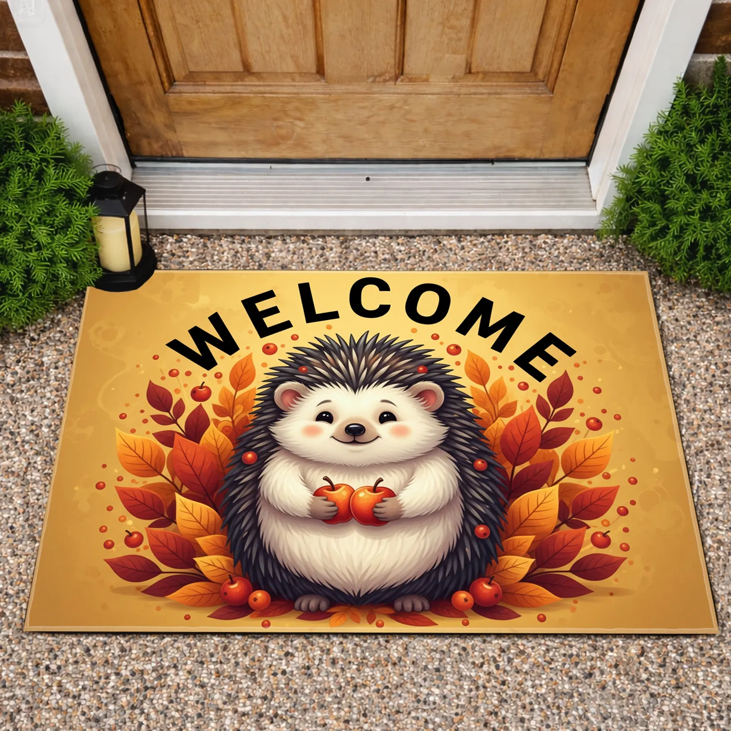 Welcome Hedgehog Autumn Leaves Berries - Fall Home Decor Gift for Hedgehog Lover Doormat - 1