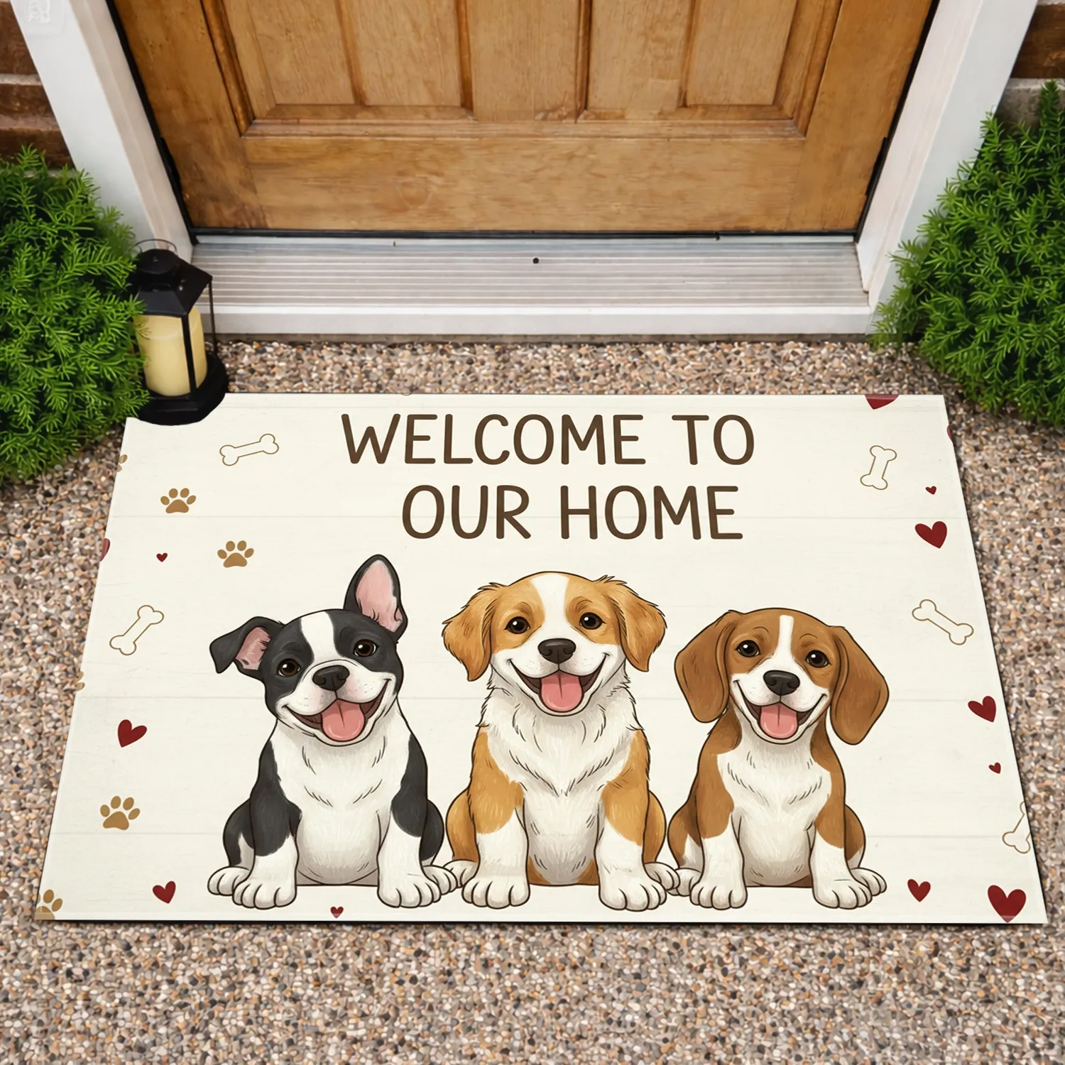 Three Happy Puppies Welcome Home Hearts Dog Bones - Home Decor Gift for Dog Lover Doormat - 1