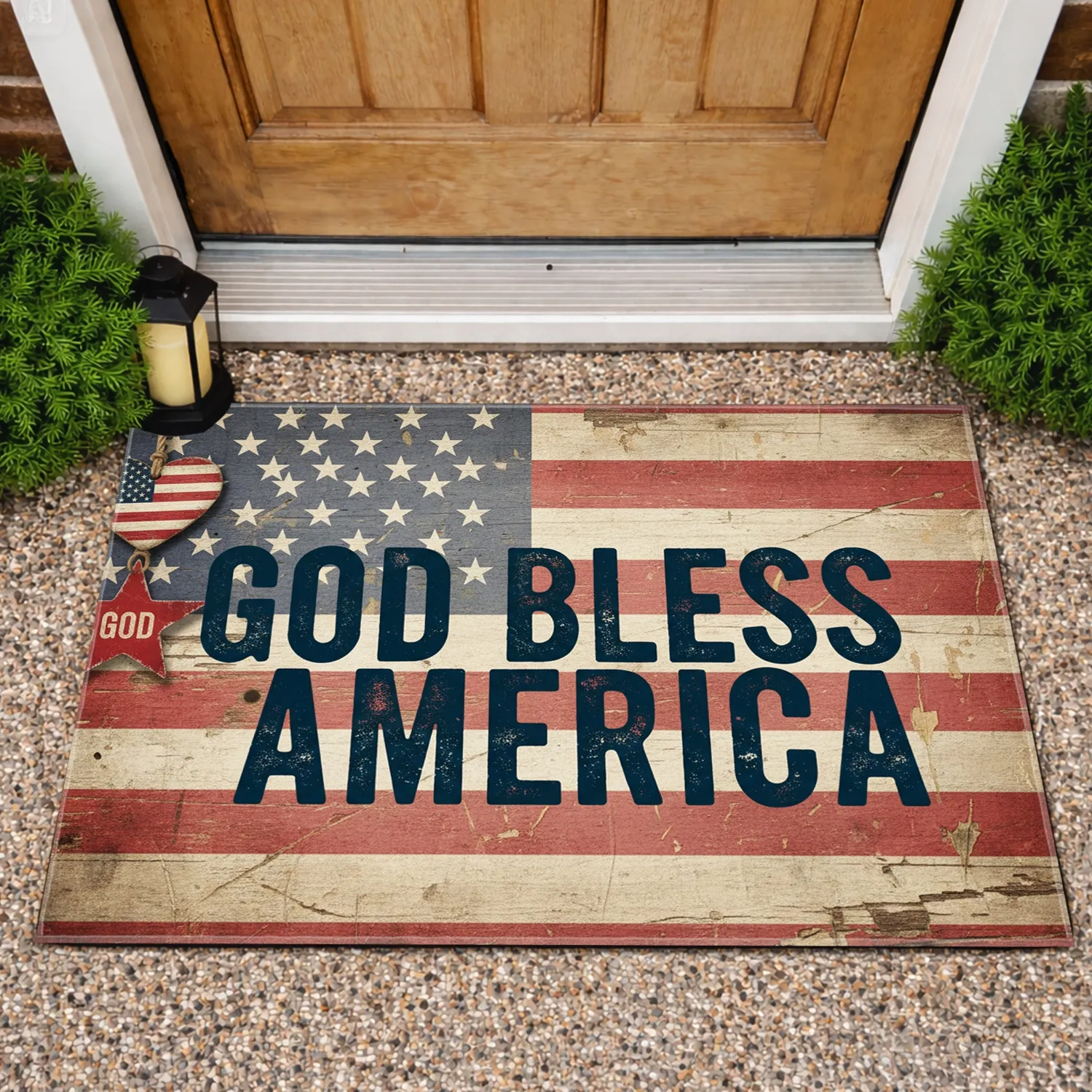 God Bless America Flag Heart - Farmhouse Home Decor for Veterans Doormat - 1
