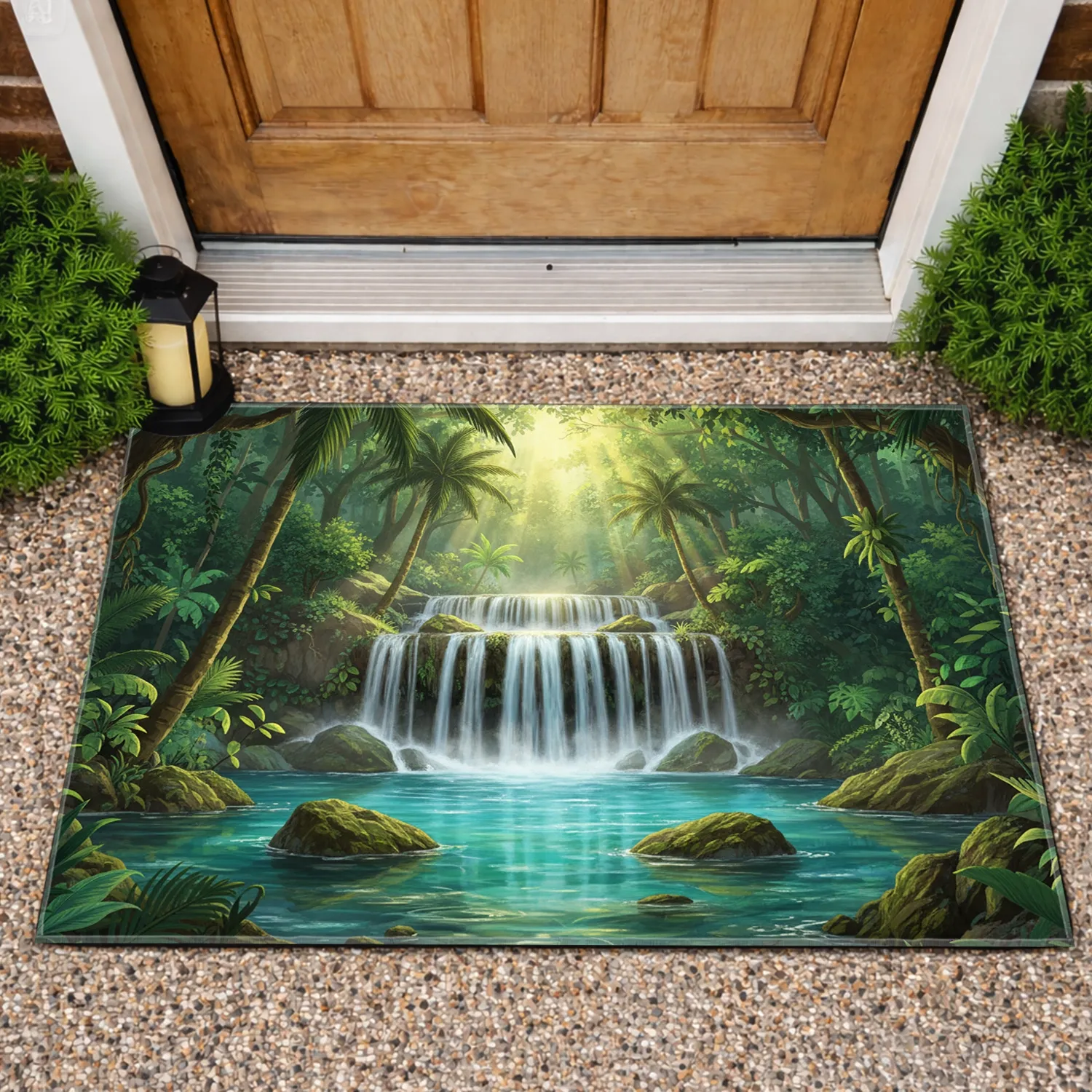 Tropical Waterfall Palm Trees Jungle Landscape - Nature Lover Gift Doormat - 1