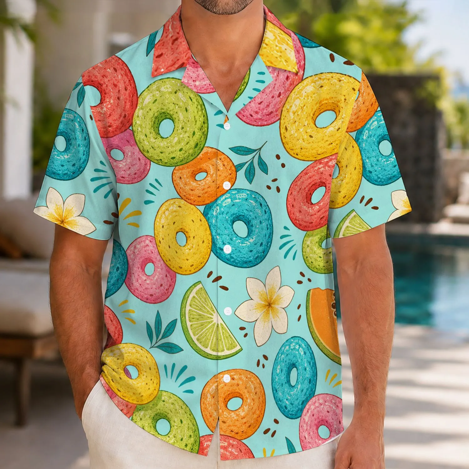 Colorful Cereal Rings Tropical Fruit Plumeria For Beach Parties And Vacation Style Hawaiian Shirt - 1