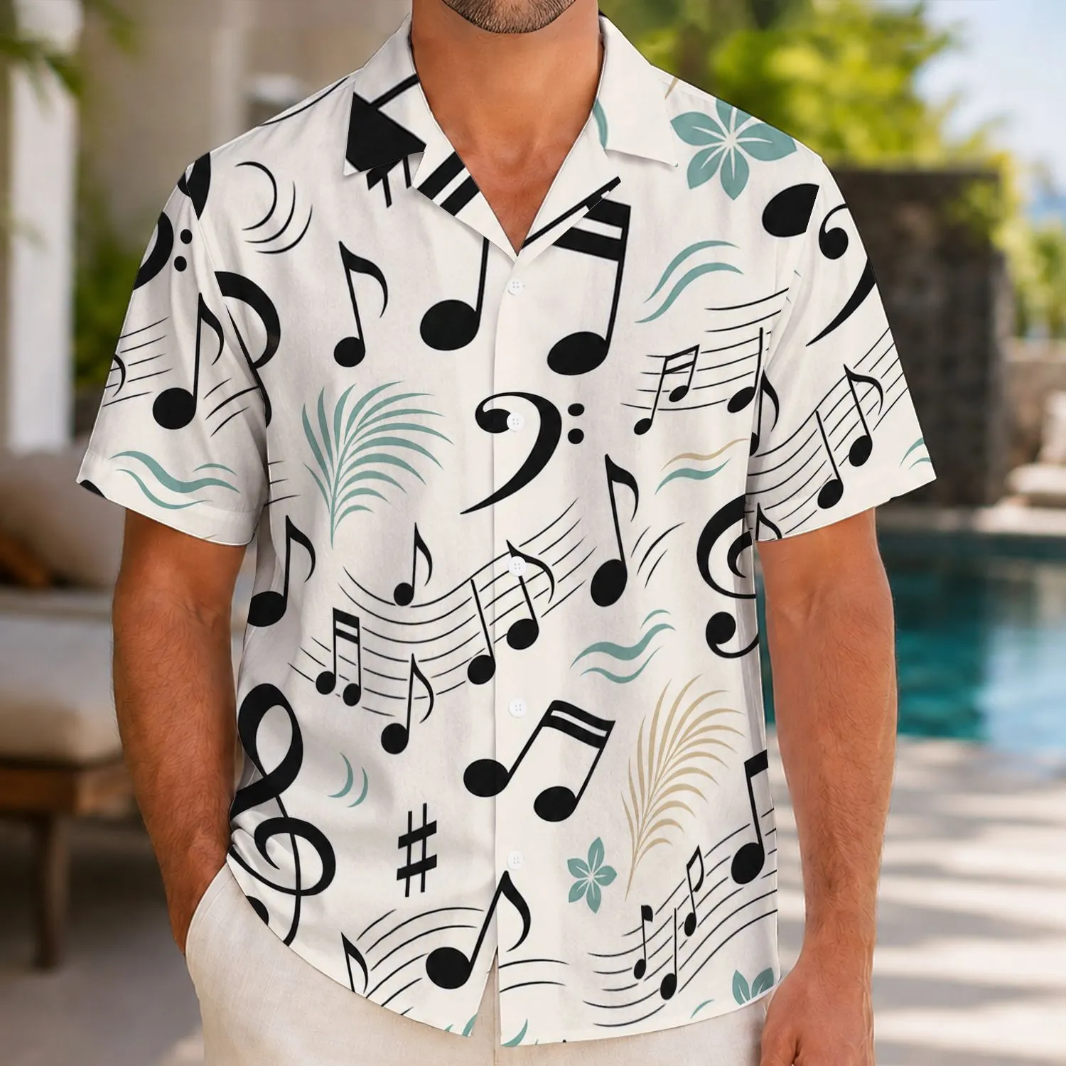 Black Musical Notes With Plumeria For Beach Parties, Resort Trips And Music Lovers Hawaiian Shirt - 1
