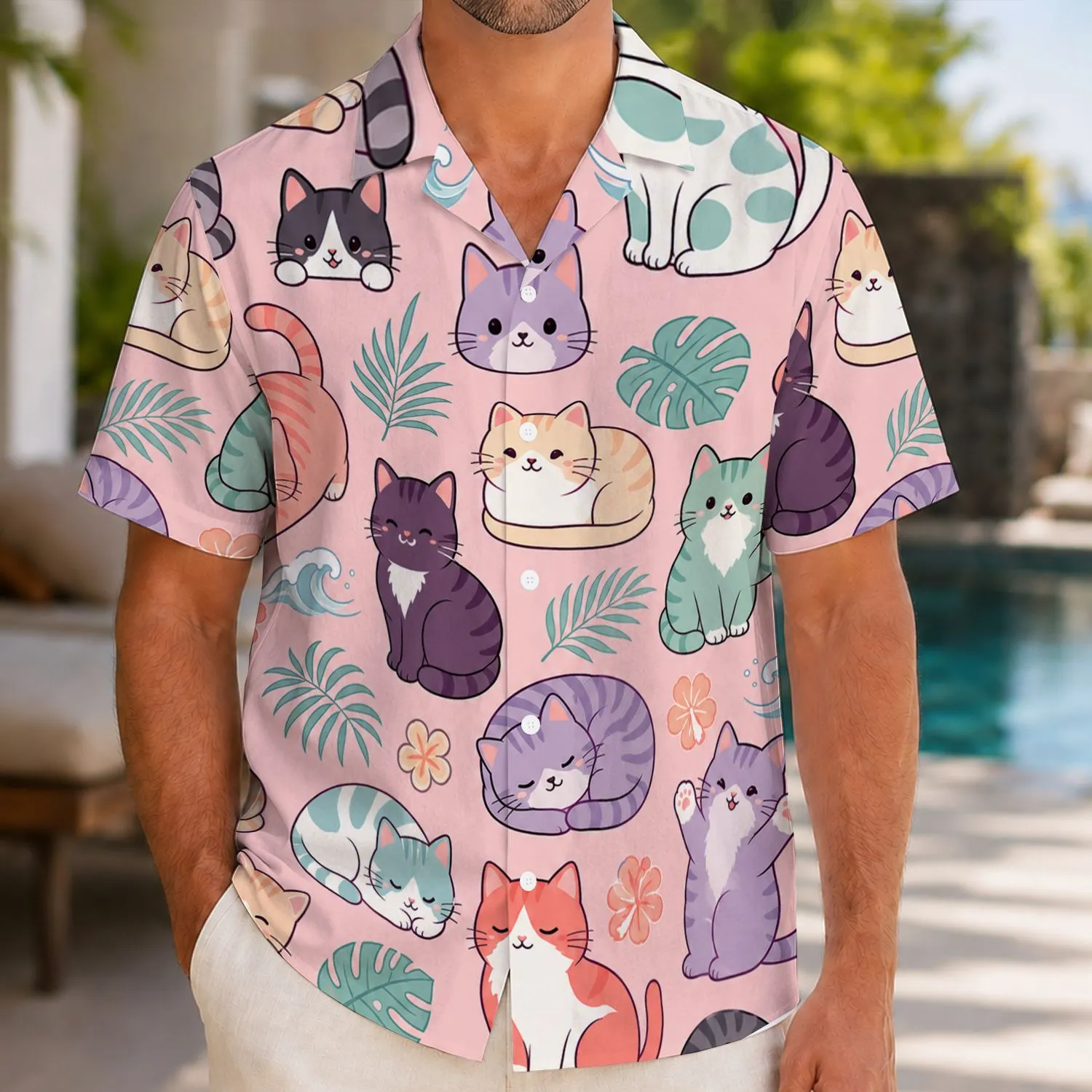 Kawaii Tropical Cartoon Cats With Palm Leaves For Beach Vacations And Cat Lovers Hawaiian Shirt - 1