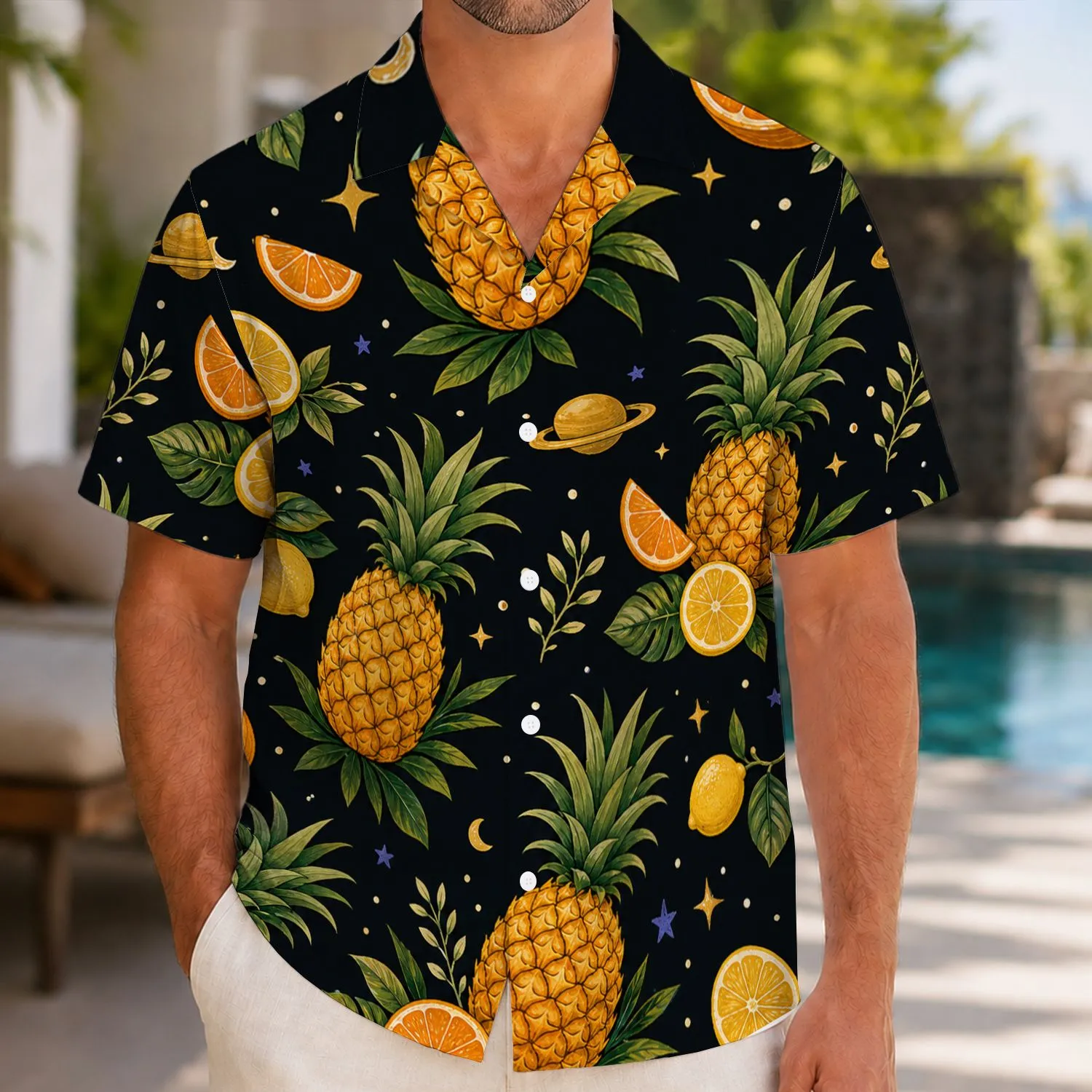 Golden Pineapple Lemon Orange Cosmic Night Tropical Resort Vacation Style For Men Hawaiian Shirt - 1