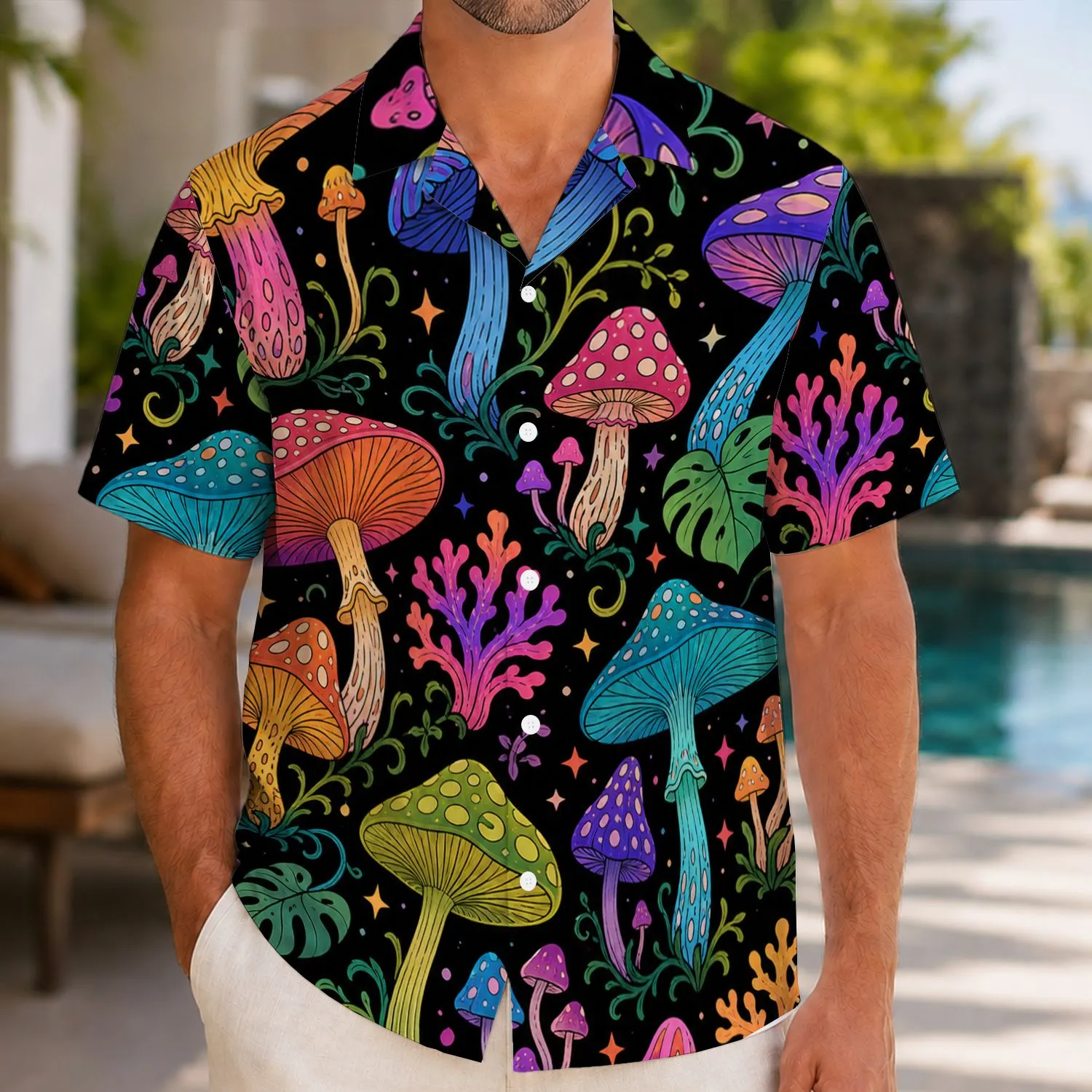 Neon Psychedelic Mushroom Garden for Night Festivals, Beach Trips and Retro Style Fans Hawaiian Shirt - 1