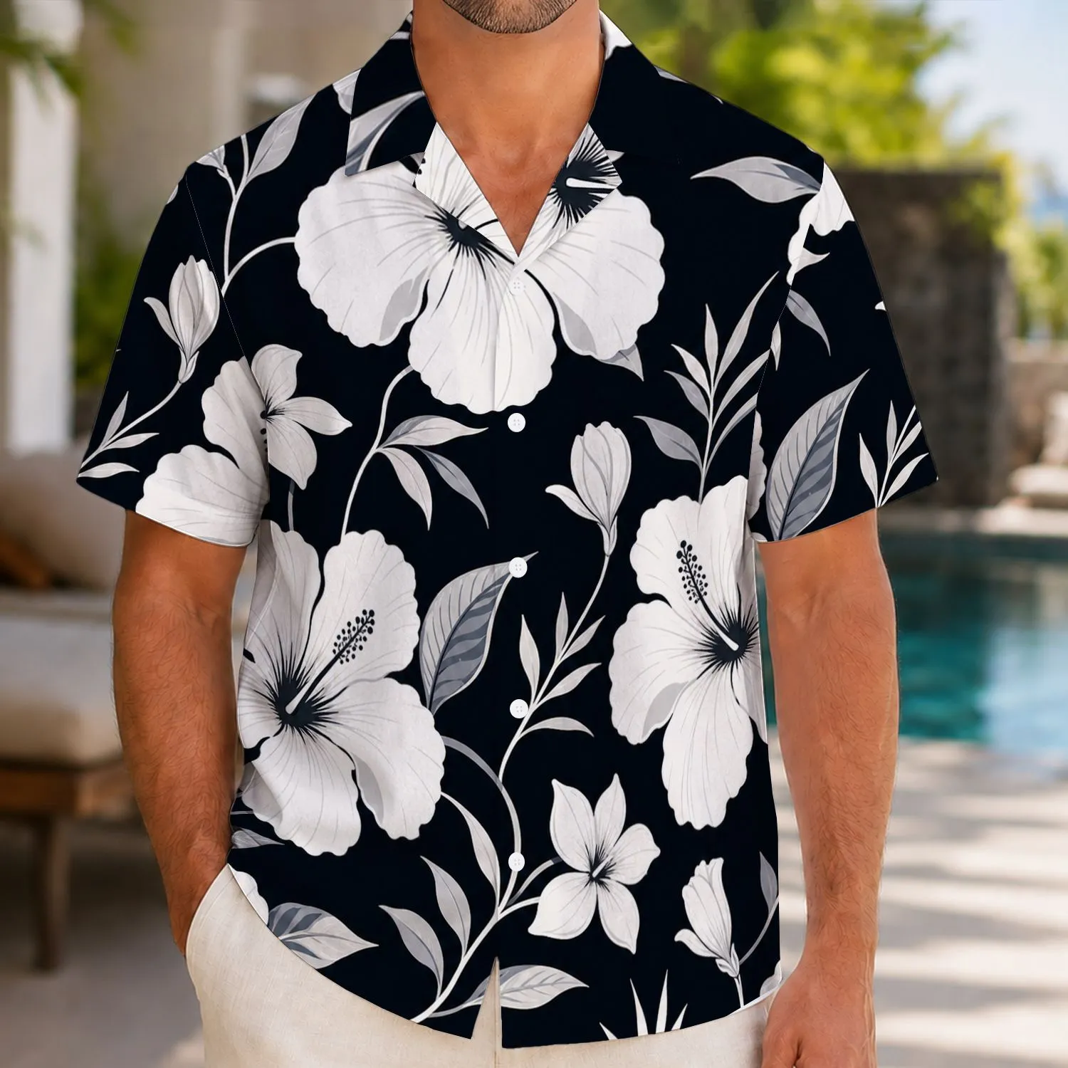 Black White Hibiscus Floral Resort Style For Beach Vacation And Tropical Getaways Hawaiian Shirt - 1