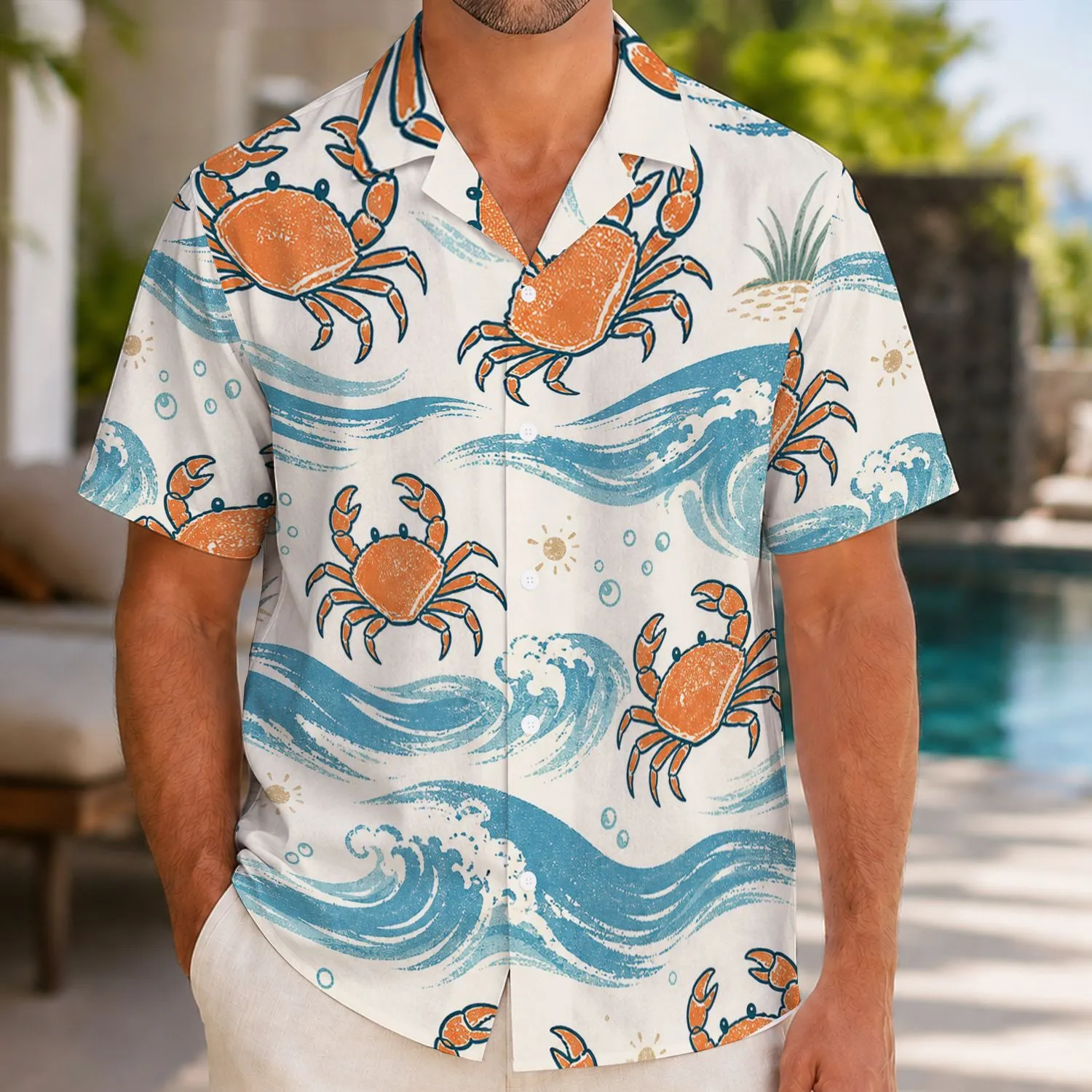Coral Crab And Blue Wave Coastal Resort Outfit For Beach Trips And Summer Lounging Hawaiian Shirt - 1