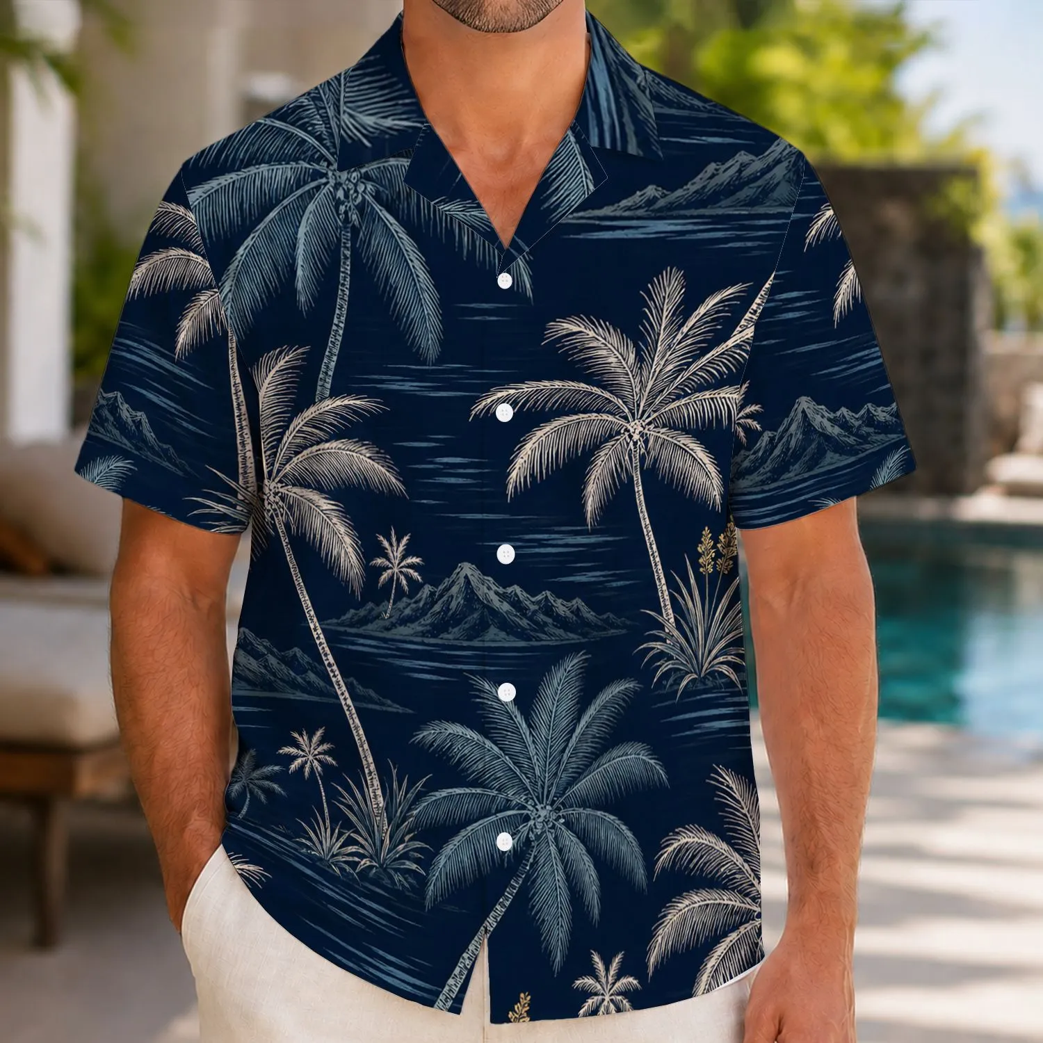 Midnight Navy Tropical Palms And Island Mountains For Coastal Resort Vacation Nights Hawaiian Shirt - 1