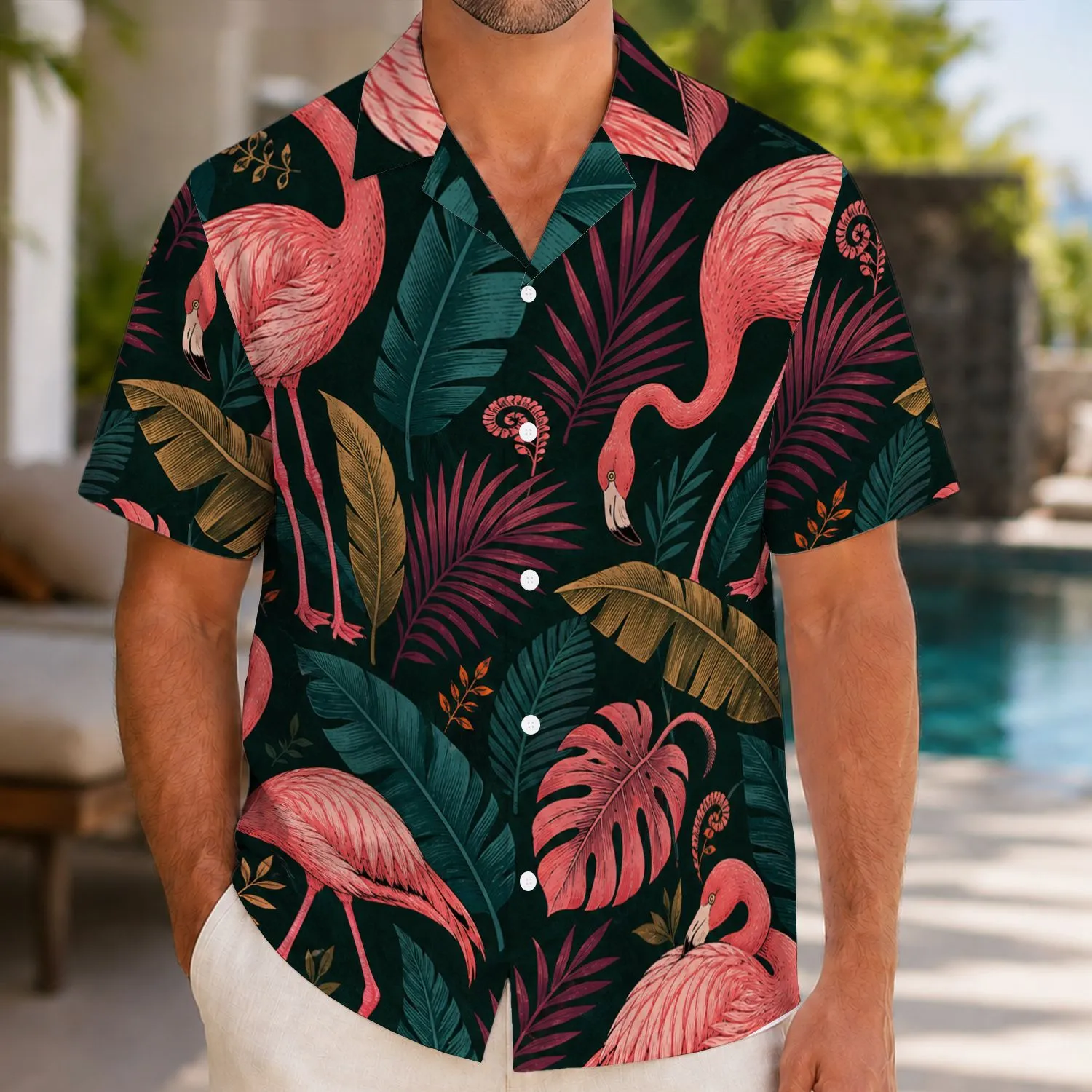Coral Flamingos And Tropical Leaves For Resort Travel, Beach Getaways, And Vacation Wear Hawaiian Shirt - 1