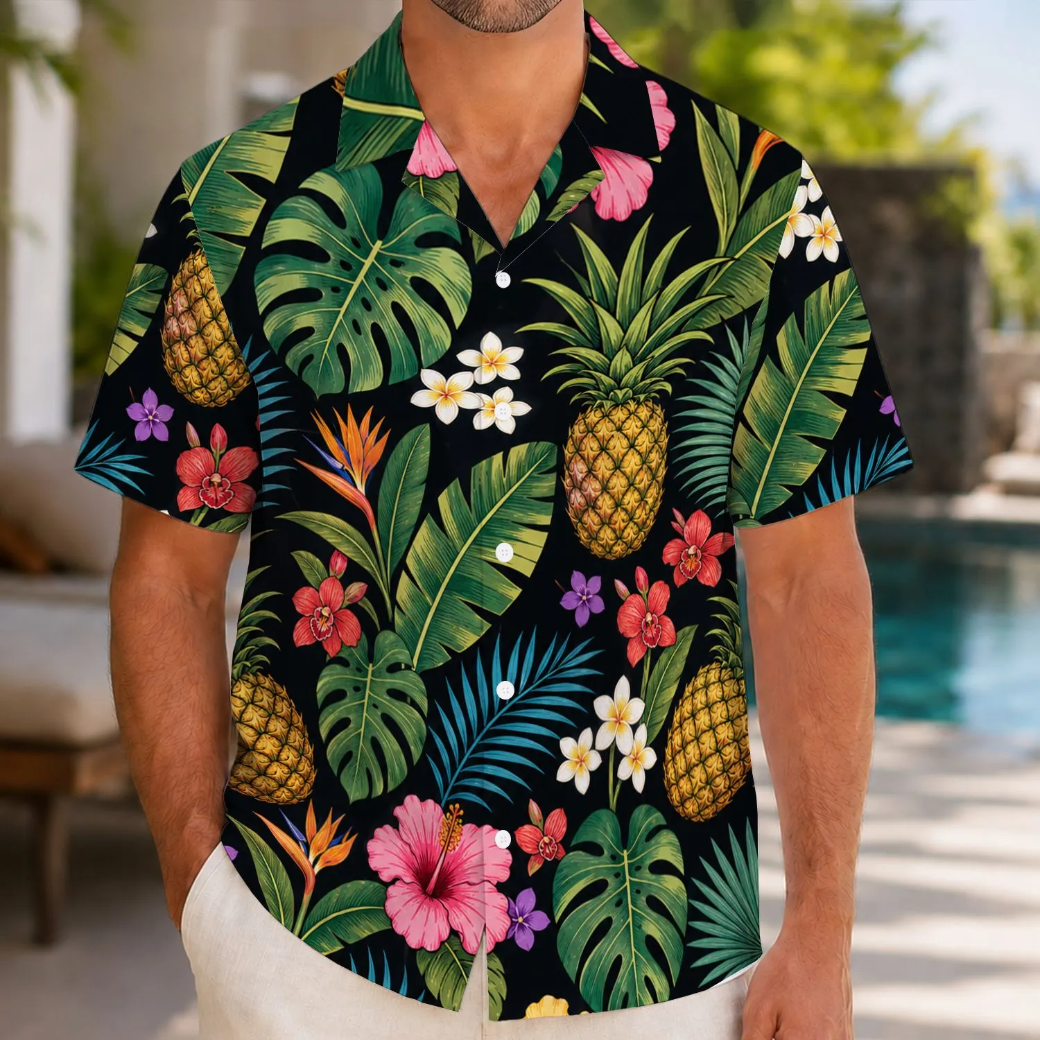Tropical Pineapple, Monstera And Hibiscus Botanical Resort Vacation Style For Men Hawaiian Shirt - 1