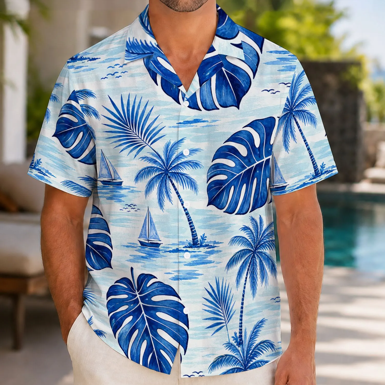 Blue Monstera And Palm Coastal Resort Style For Beach Vacations And Cruise Travel Hawaiian Shirt - 1