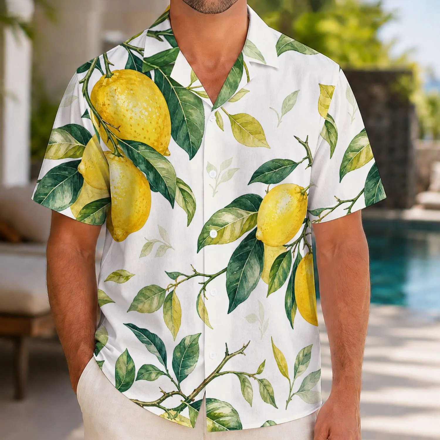 Lemon And Green Leaf Watercolor Resort Style For Summer Beach Travel Menswear Looks Hawaiian Shirt - 1