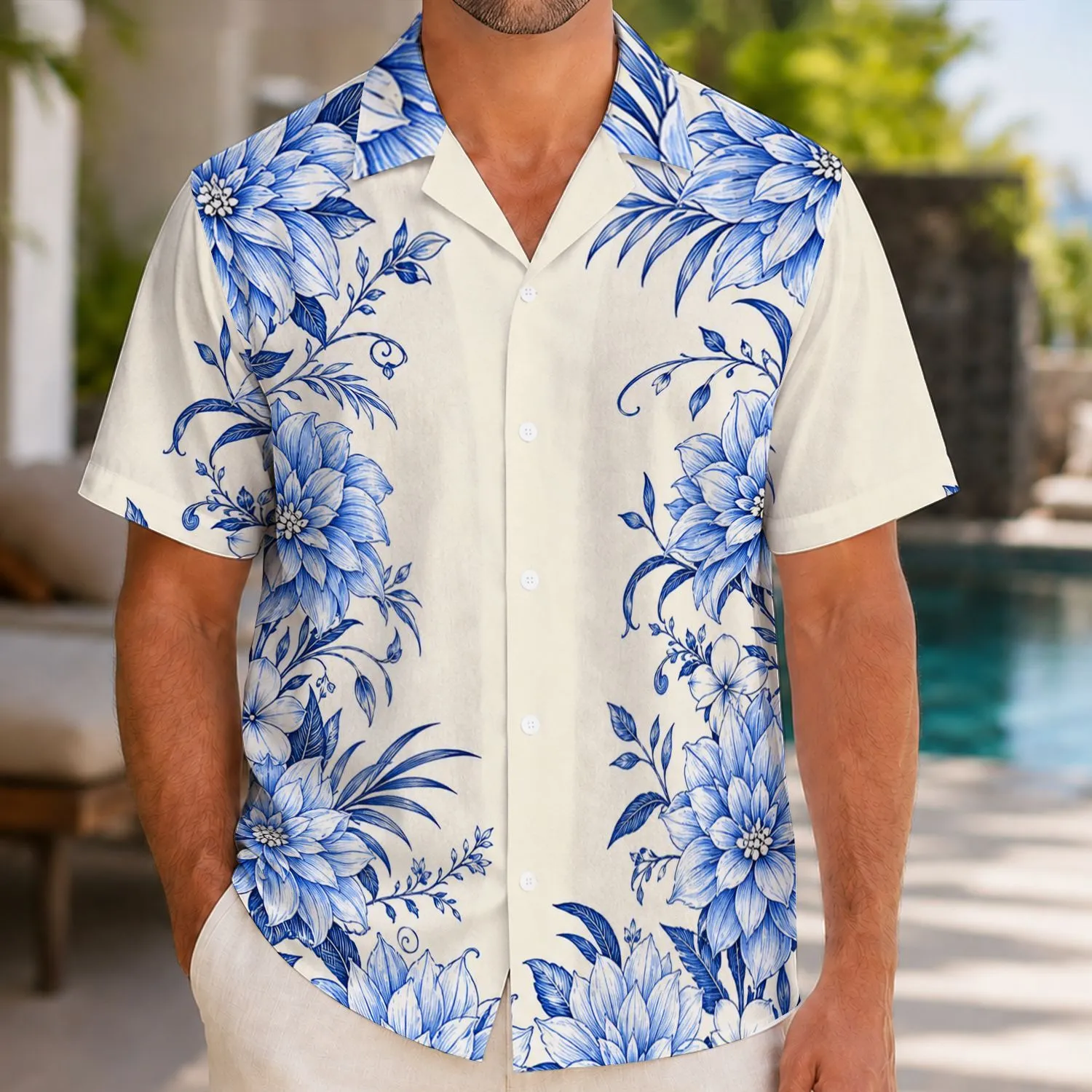 Blue Dahlia Chinoiserie Tropical Botanicals for Beach Resort Getaways and Garden Parties Hawaiian Shirt - 1