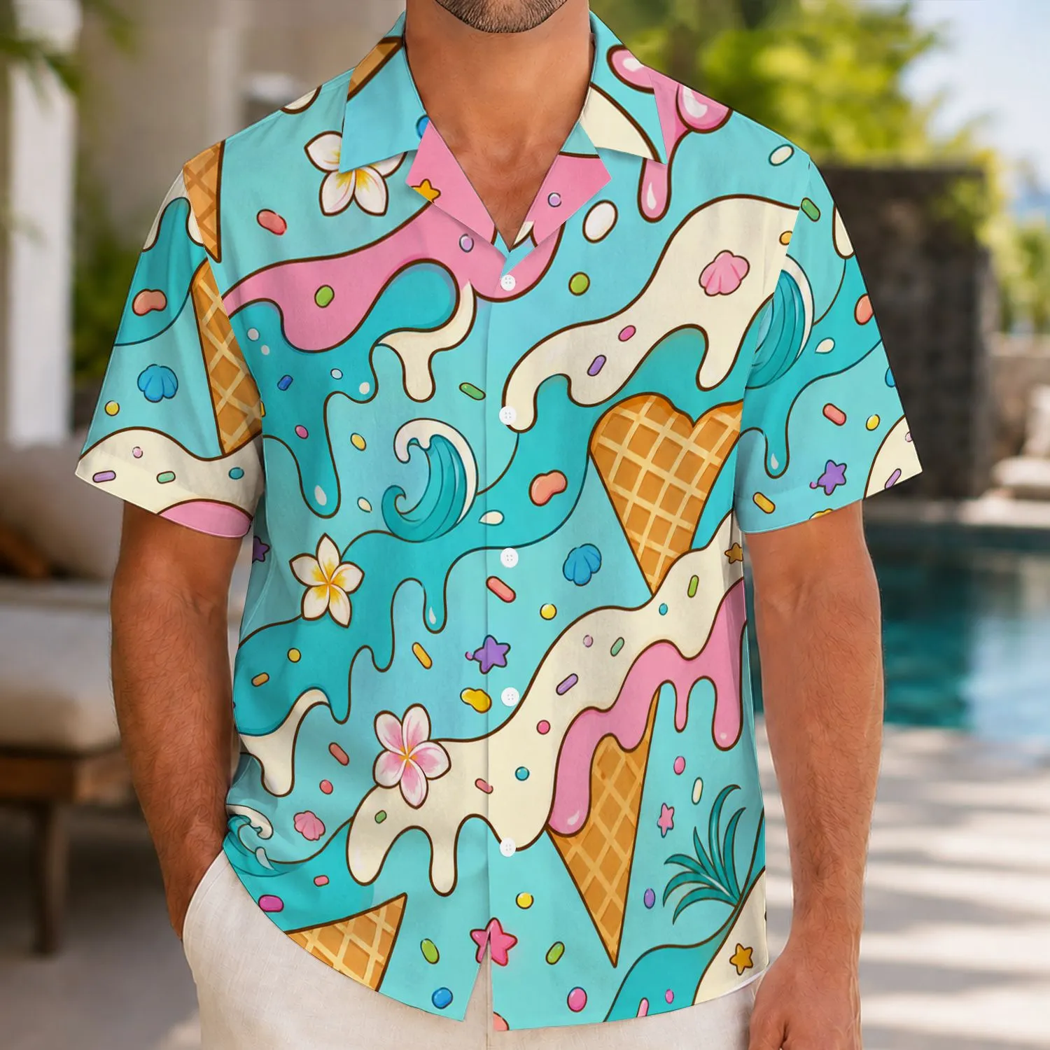 Melting Ice Cream Waffle Cone Tropical Candy Motif For Beach Resort Vacation Wear Hawaiian Shirt - 1
