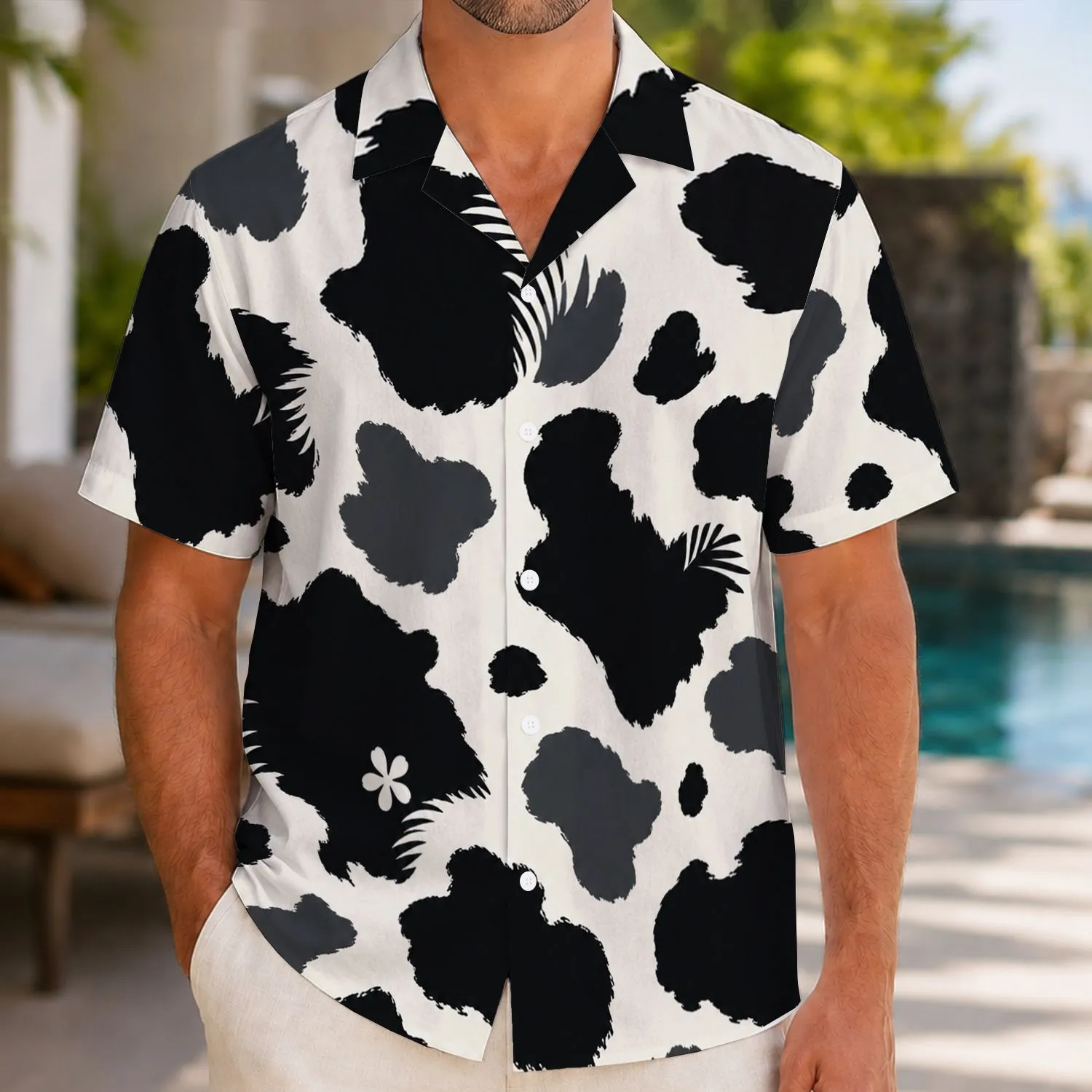 Black And Ivory Cowhide Tropical Leaves For Fun Beach Vacations And Resort Getaways Hawaiian Shirt - 1