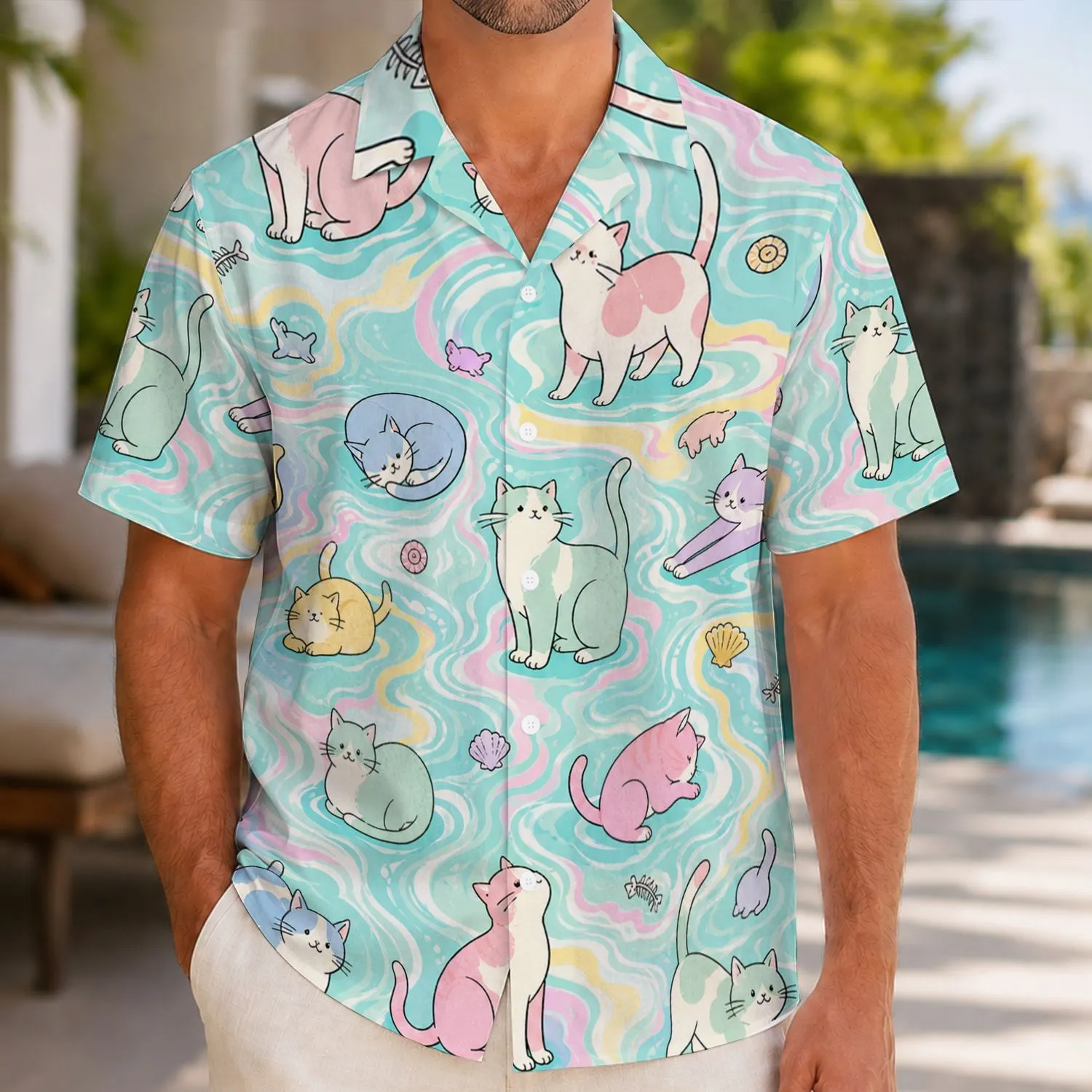 Pastel Tropical Cats With Lagoon Swirls For Resort Travel And Casual Summer Style Hawaiian Shirt - 1