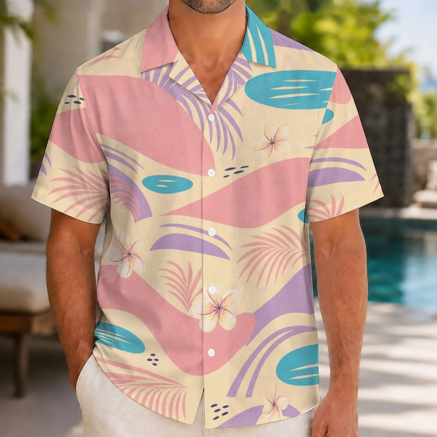 Pastel Tropical Color Blocks And Plumeria Accents For Poolside Resort Travel Hawaiian Shirt - 1