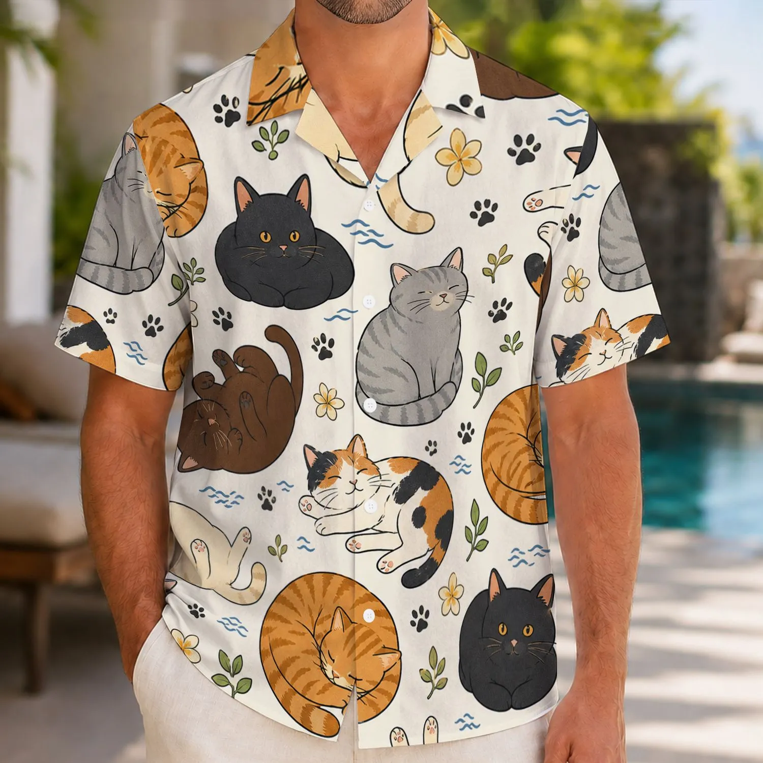 Sleepy Cat And Plumeria Motifs For Men's Beach Vacations And Relaxed Summer Parties Hawaiian Shirt - 1