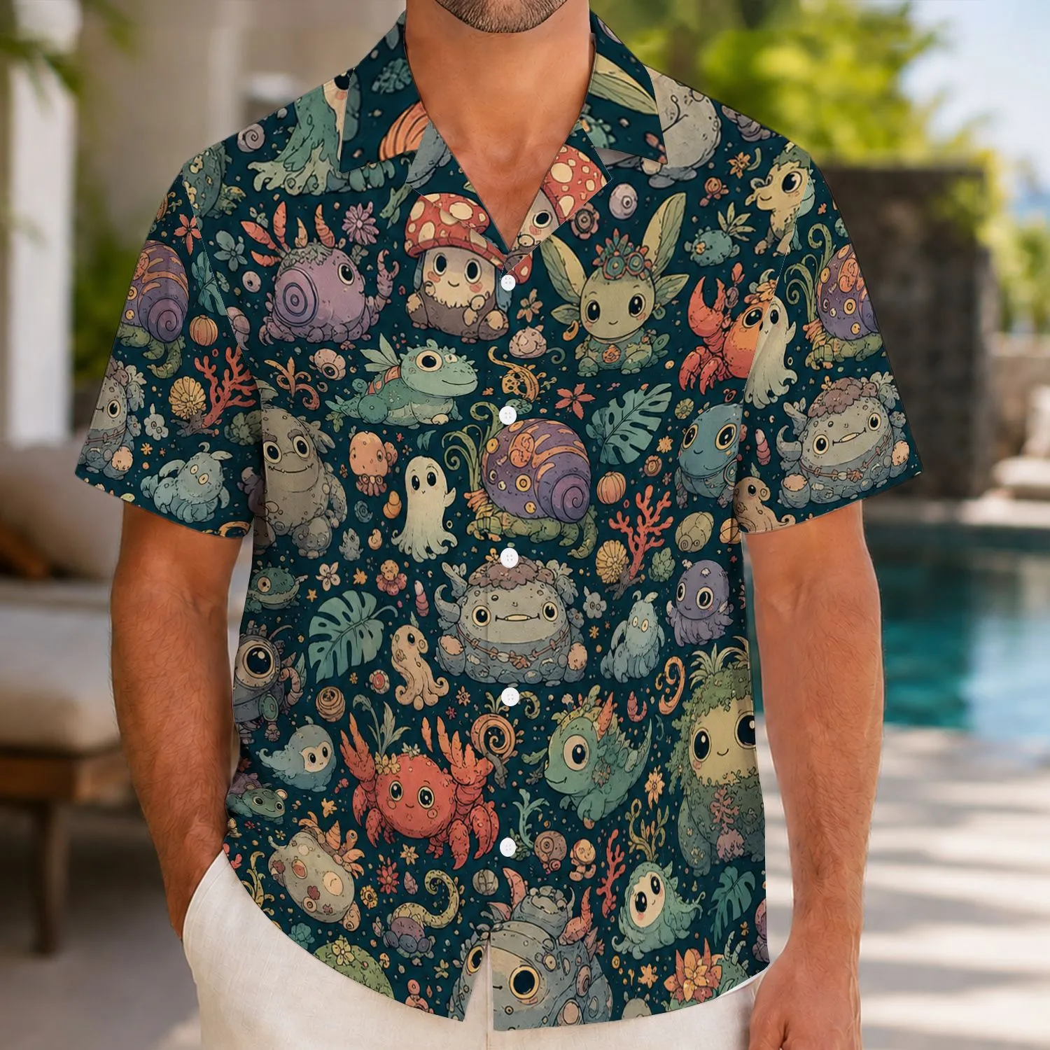 Whimsical Forest Monsters And Tropical Creatures For Beach Vacation Men's Casual Style Hawaiian Shirt - 1