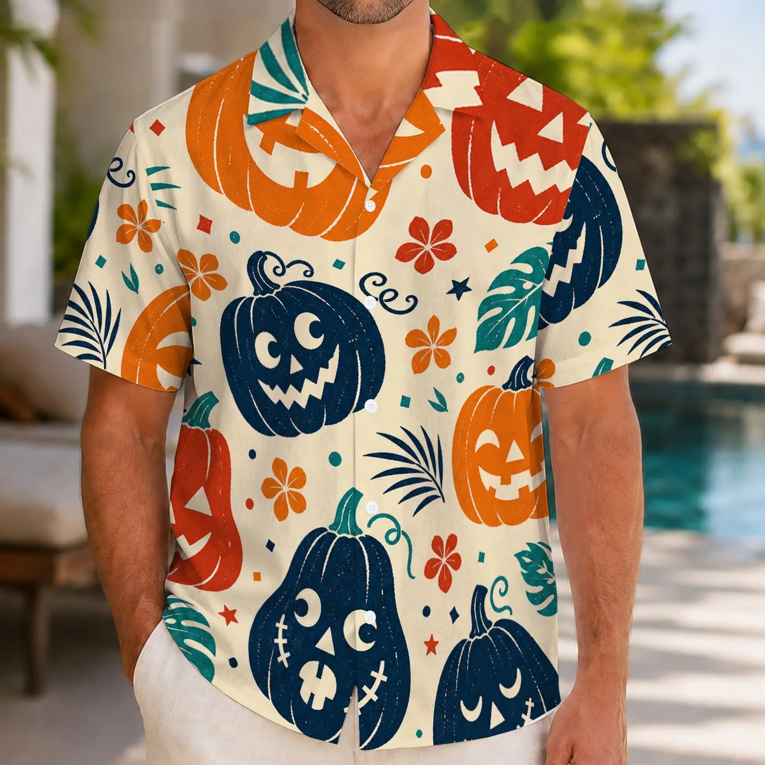 Playful Jack O Lanterns And Tropical Leaves For Halloween Luau Parties And Beach Trips Hawaiian Shirt - 1