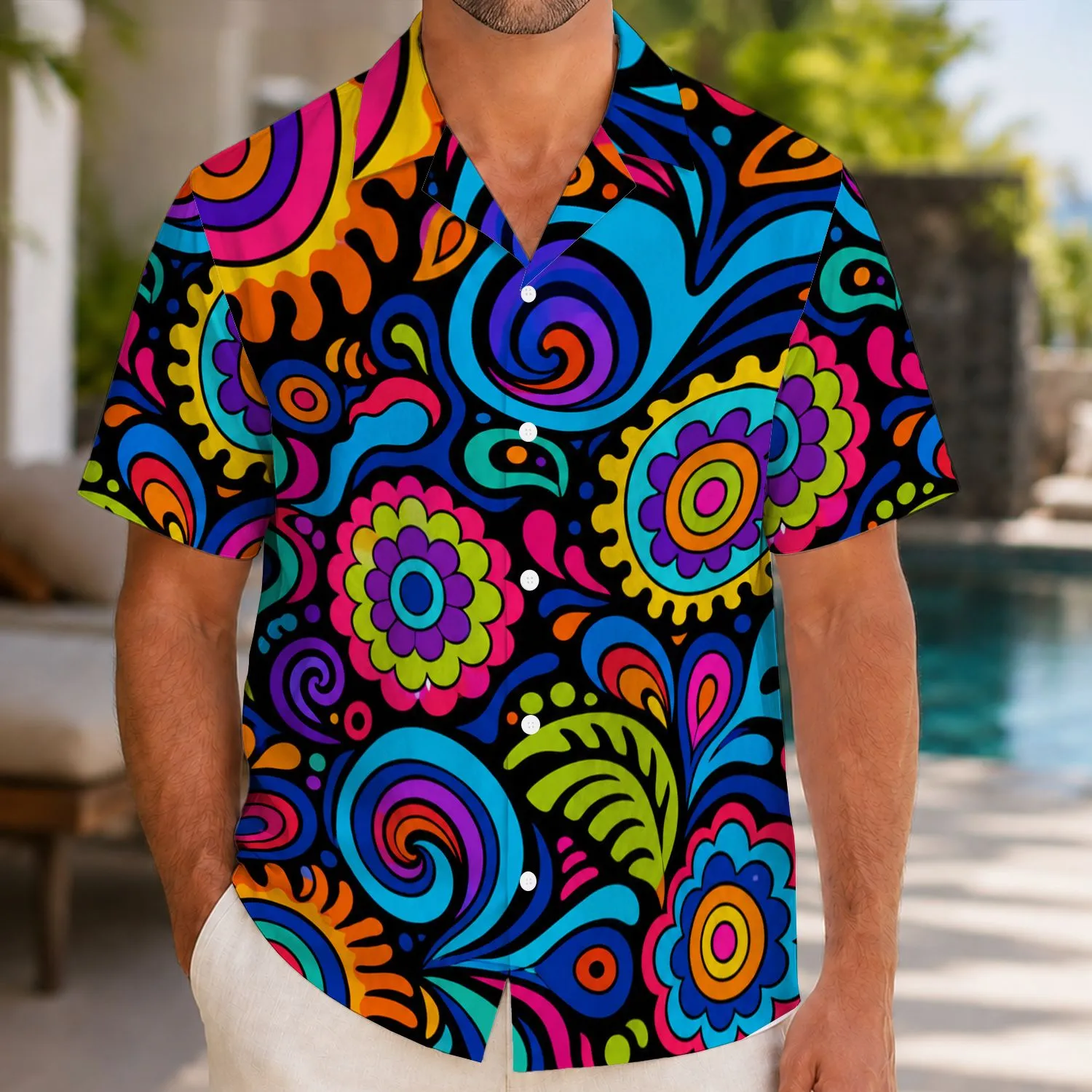 Neon Psychedelic Tropical Swirls For Beach Festivals And Retro Summer Party Wear Hawaiian Shirt - 1