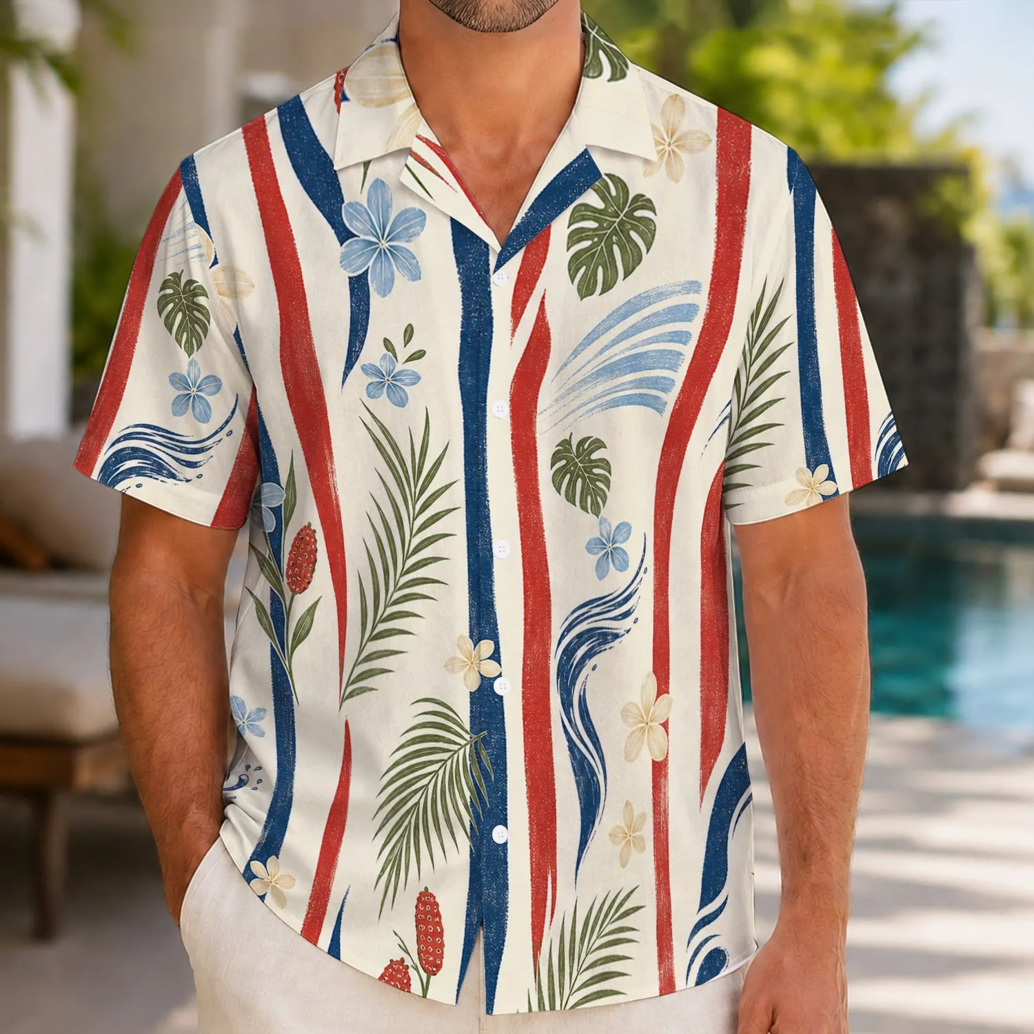 Coastal Aloha Stripes With Palm Fronds For Beach Resort Travel and Island Getaways Hawaiian Shirt - 1