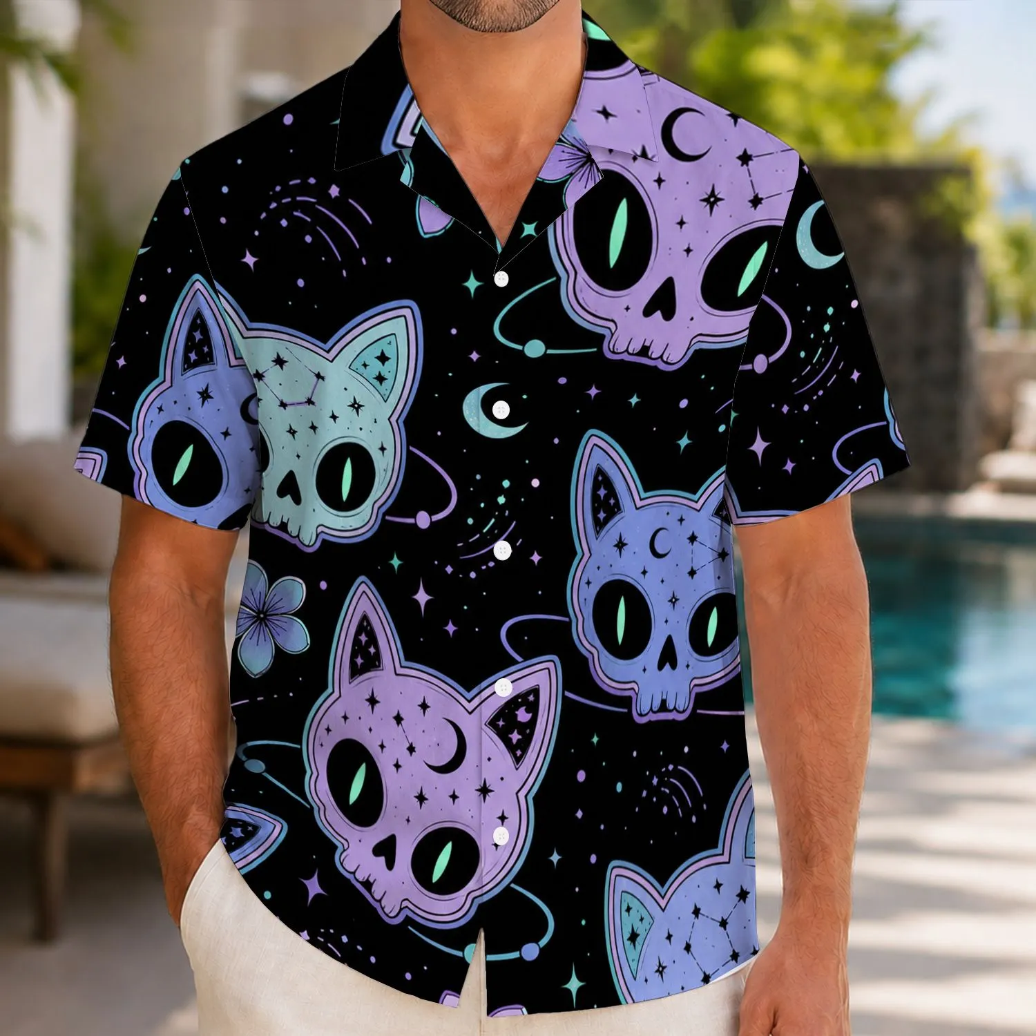 Celestial Cat Skull Moon Stars For Goth Festival Nights And Tropical Streetwear Style Hawaiian Shirt - 1