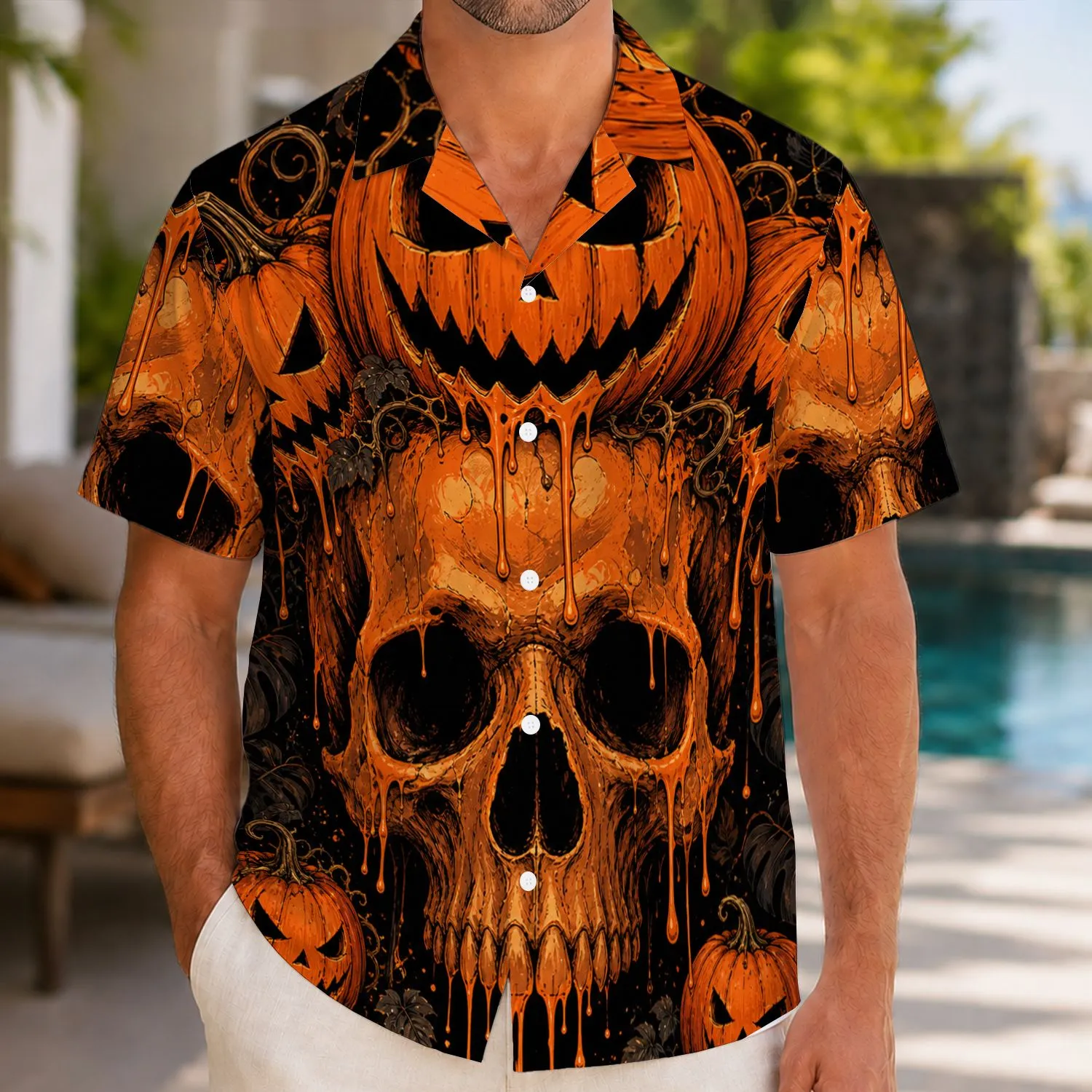 Orange Skull Pumpkin Crown Halloween Dripping Slime for Spooky Parties and Travel Fans Hawaiian Shirt - 1