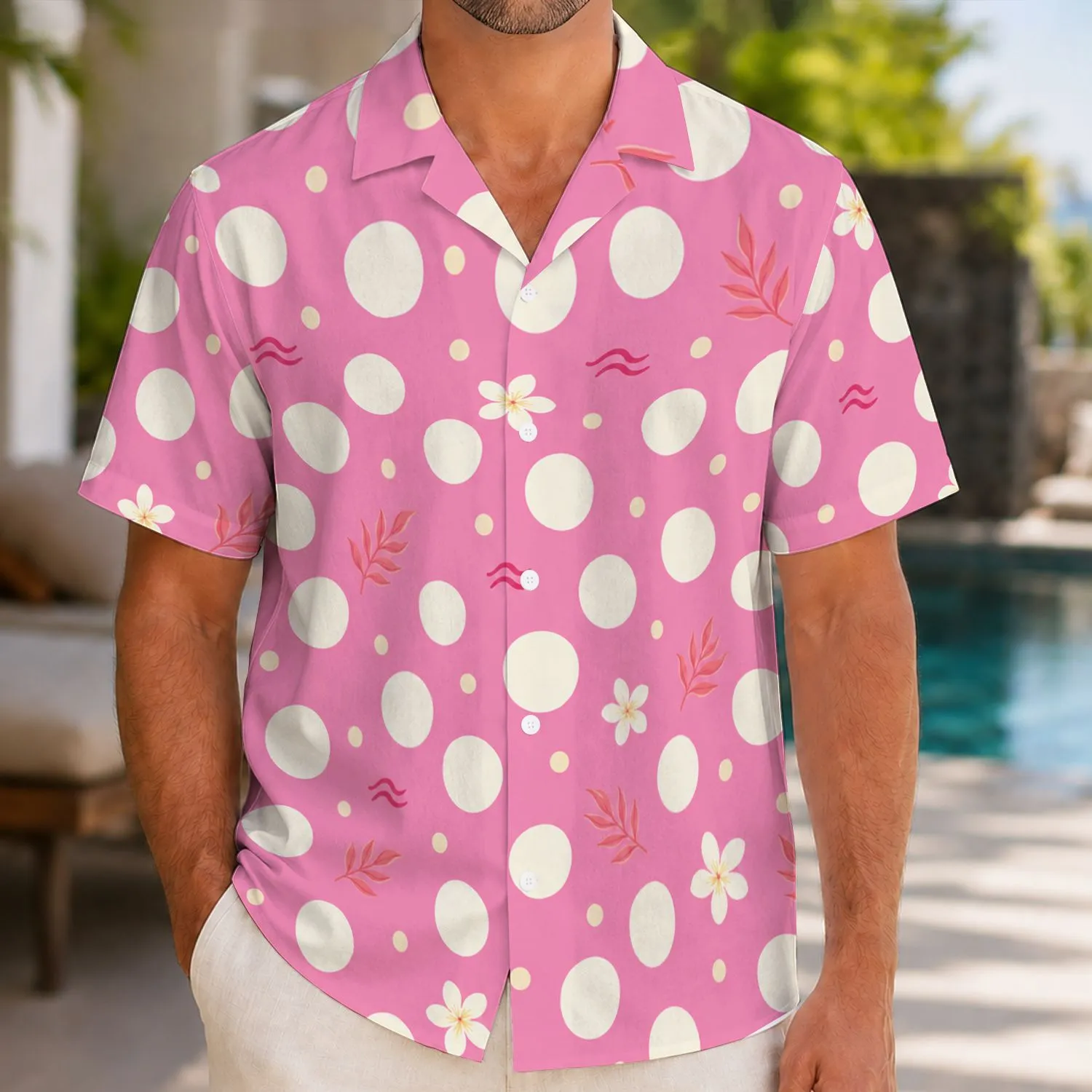 Tropical Pink Ivory Polka Dots With Plumeria For Resort Vacations And Beach Escapes Hawaiian Shirt - 1