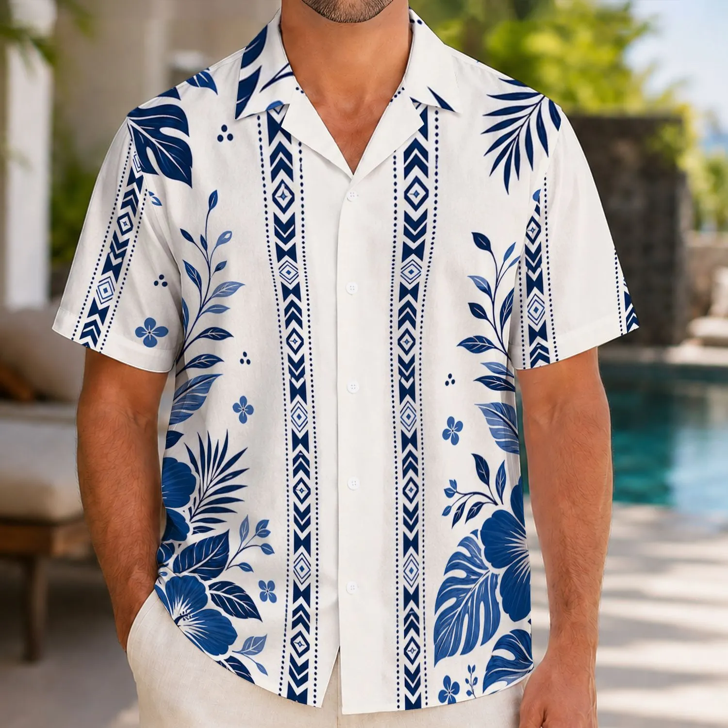 Blue White Tropical Floral Geometric Resort Outfit For Beach Travel And Summer Getaways Hawaiian Shirt - 1