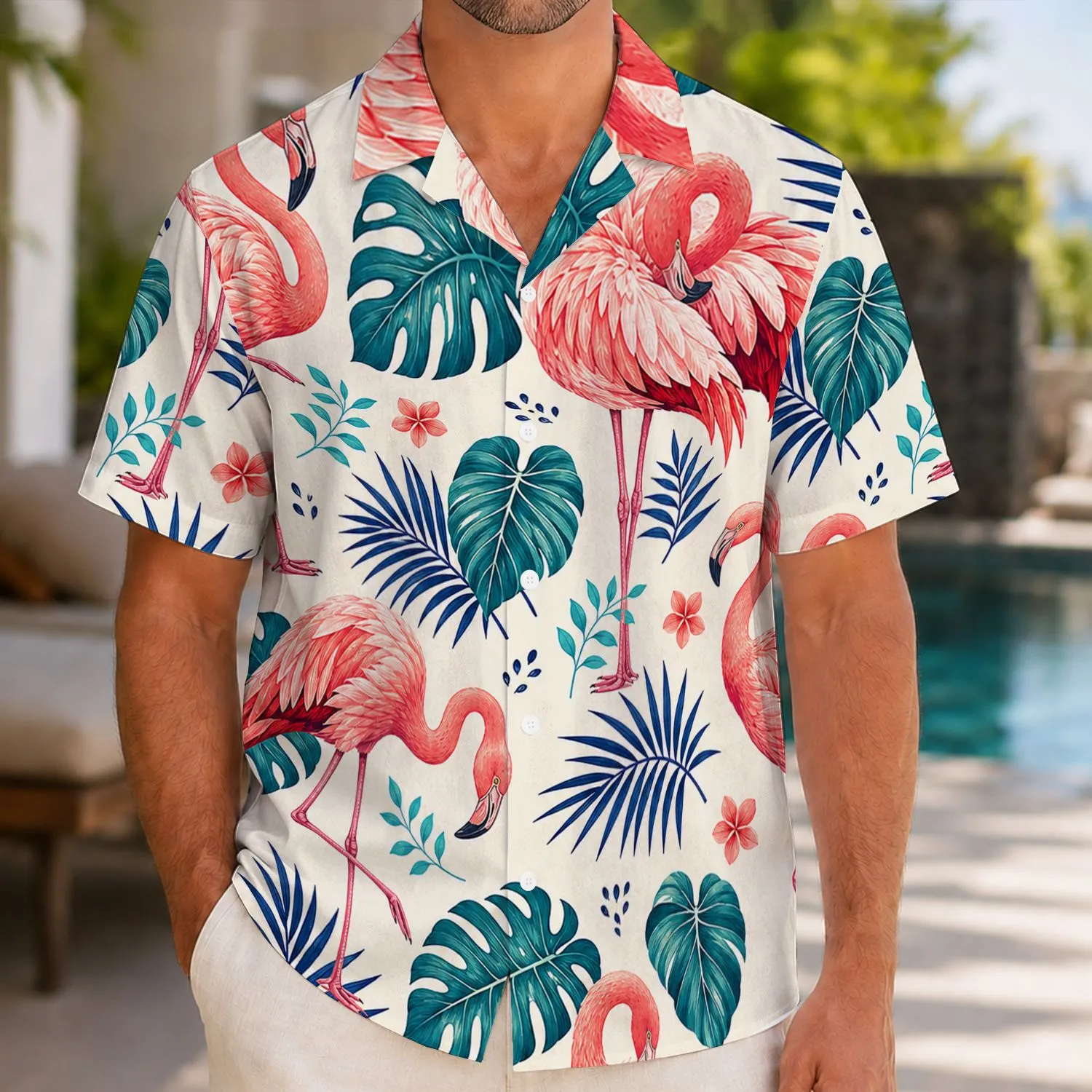 Coral Flamingos And Teal Tropical Leaves For Beach Resort Vacation Travel Wear For Men Hawaiian Shirt - 1