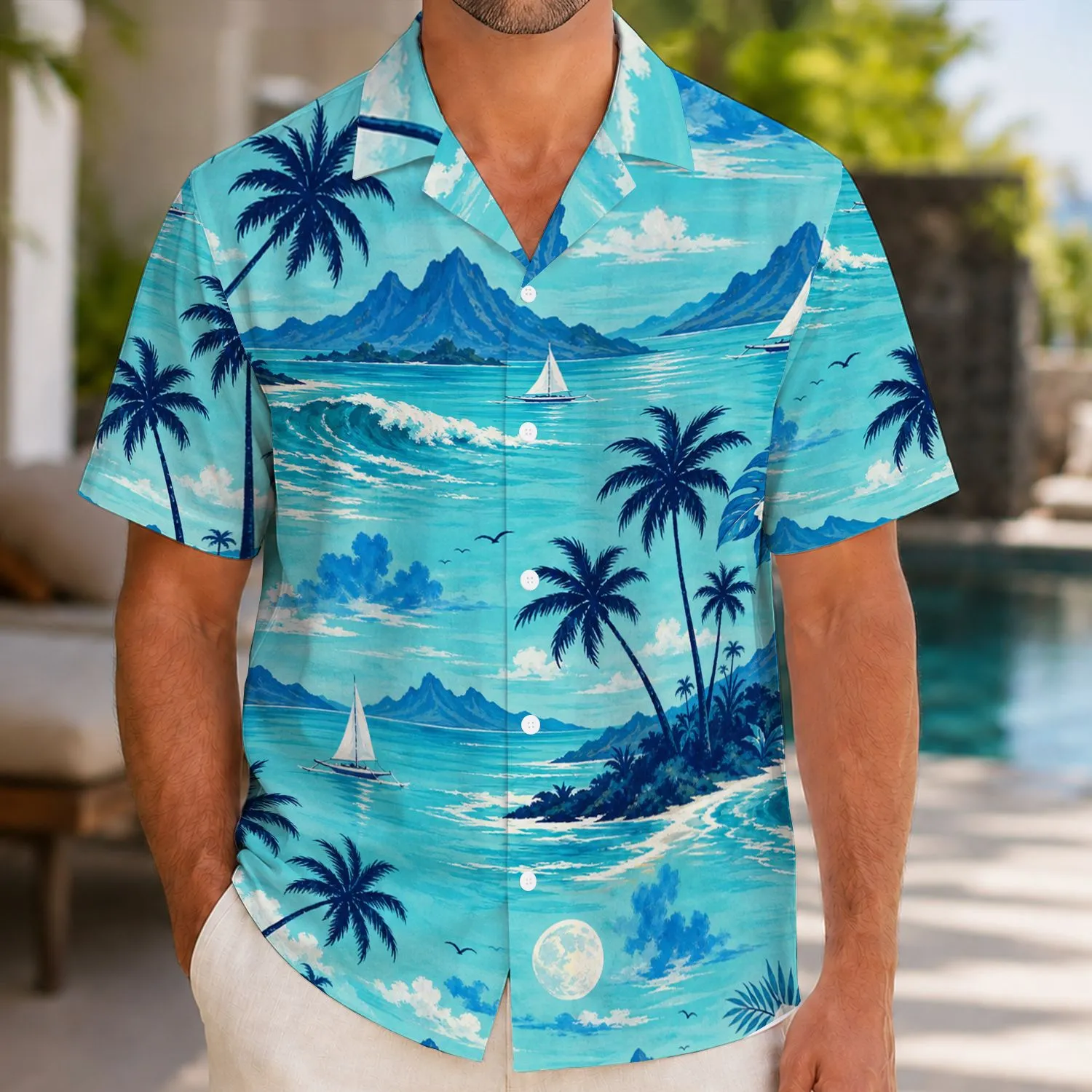 Moonlit Tropical Palms, Island Waves And Sailboats For Resort Vacation Style Men's Hawaiian Shirt - 1