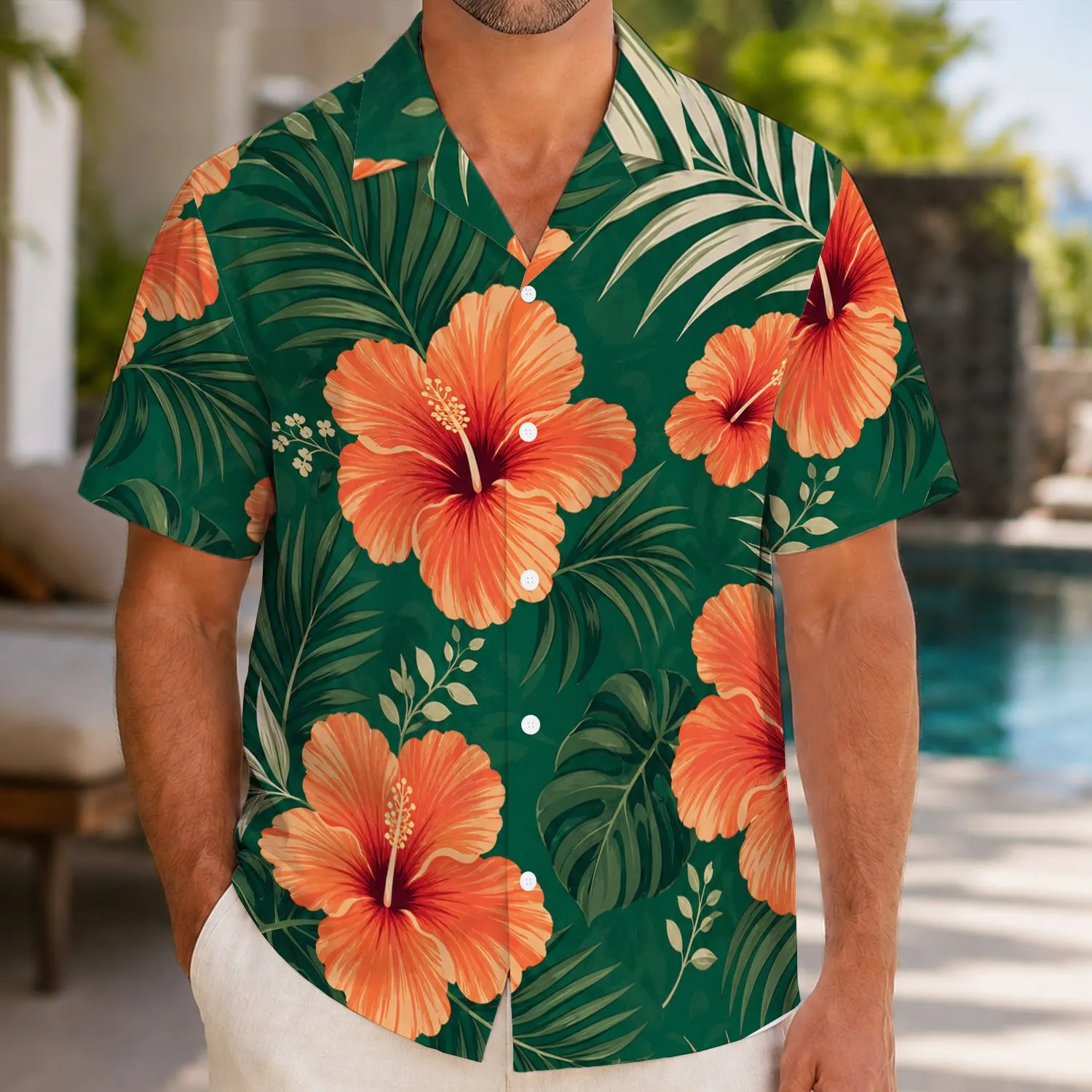 Coral Hibiscus And Emerald Tropical Foliage For Beach Vacations, Resort Wear And Travel Hawaiian Shirt - 1