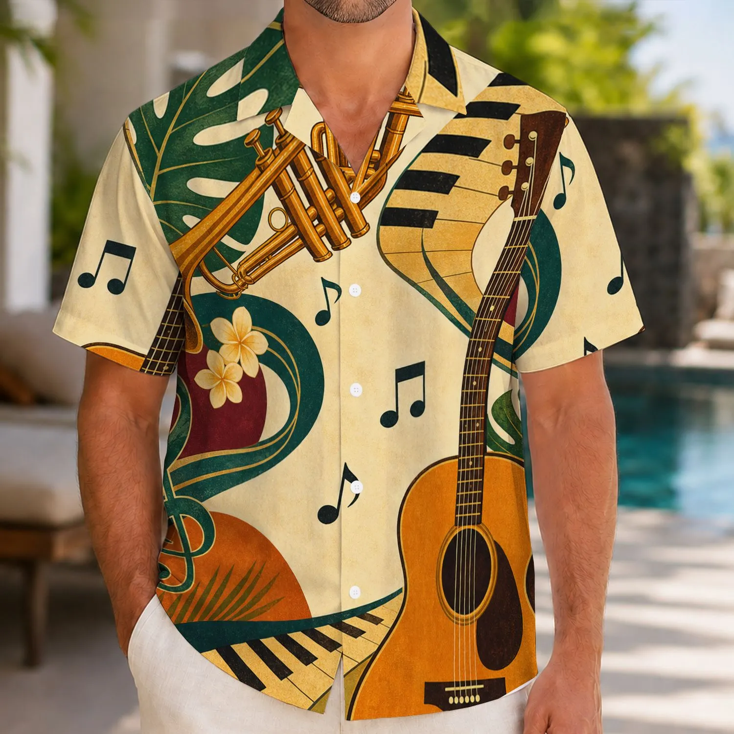 Retro Guitar Trumpet Music Collage For Beach Parties, Cruises And Summer Concert Fans Hawaiian Shirt - 1