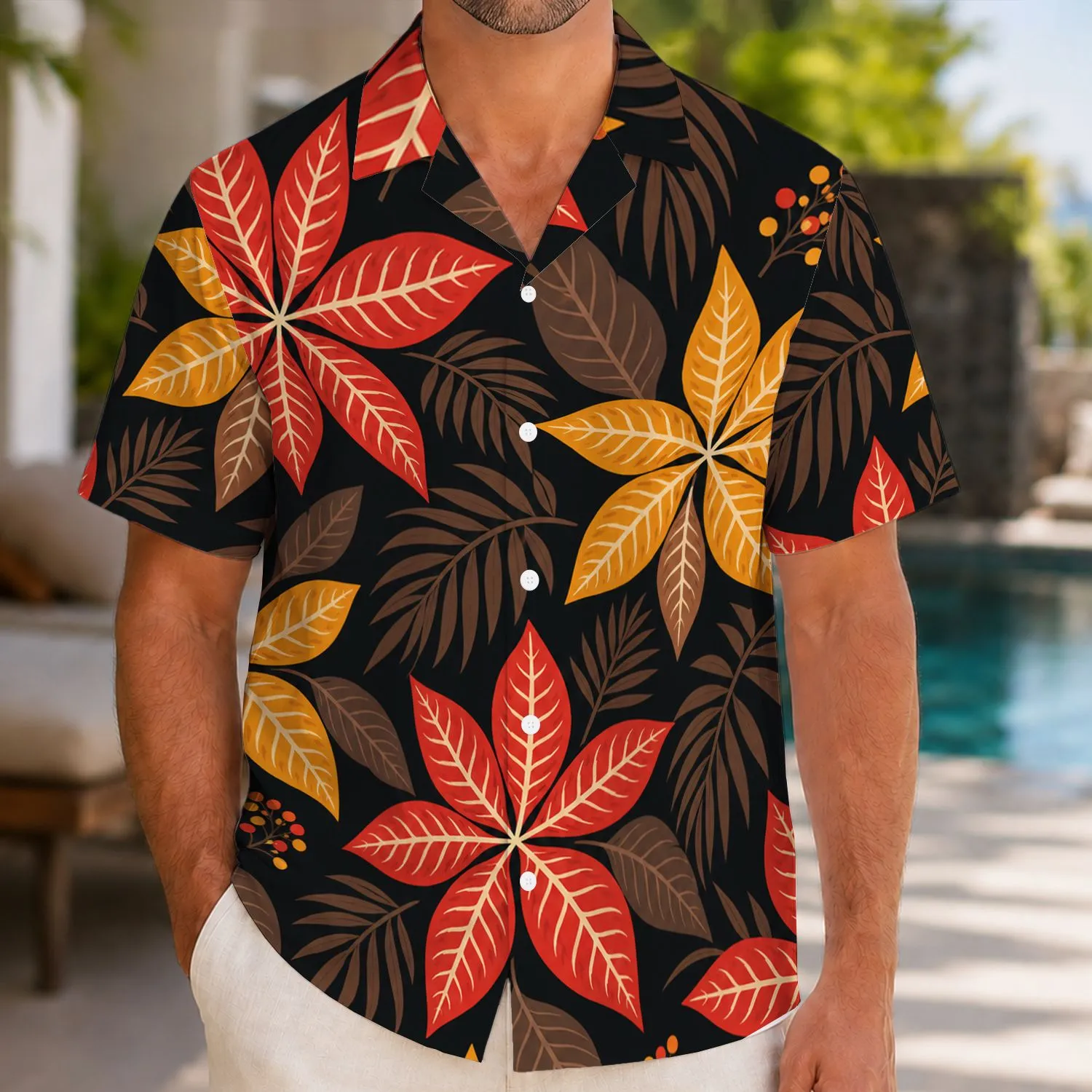 Red And Gold Croton Leaf Botanicals For Beach Vacations, Resorts And Island Getaways Hawaiian Shirt - 1