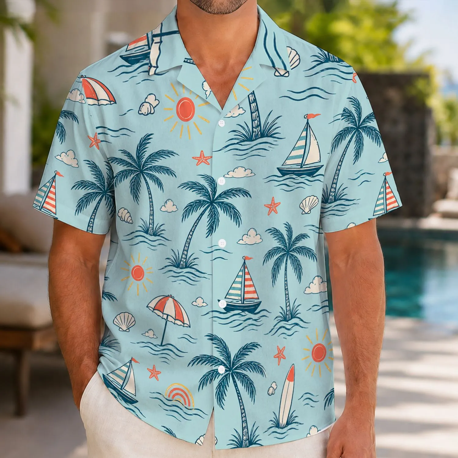 Coastal Palm Trees Sailboats And Surfboards For Beach Vacations And Resort Getaways Hawaiian Shirt - 1