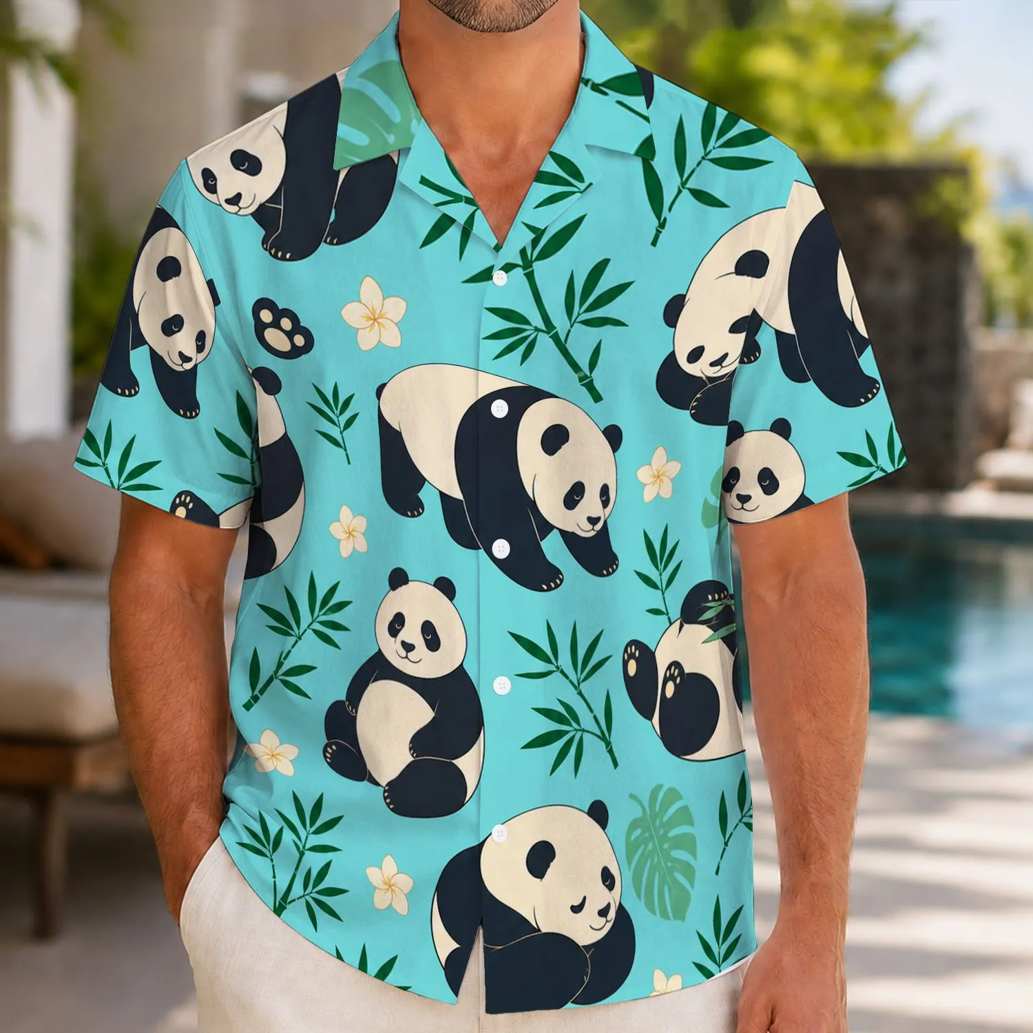 Cute Panda Bamboo Tropical Resort Vacation Wear for Men With Relaxed Island Style Hawaiian Shirt - 1
