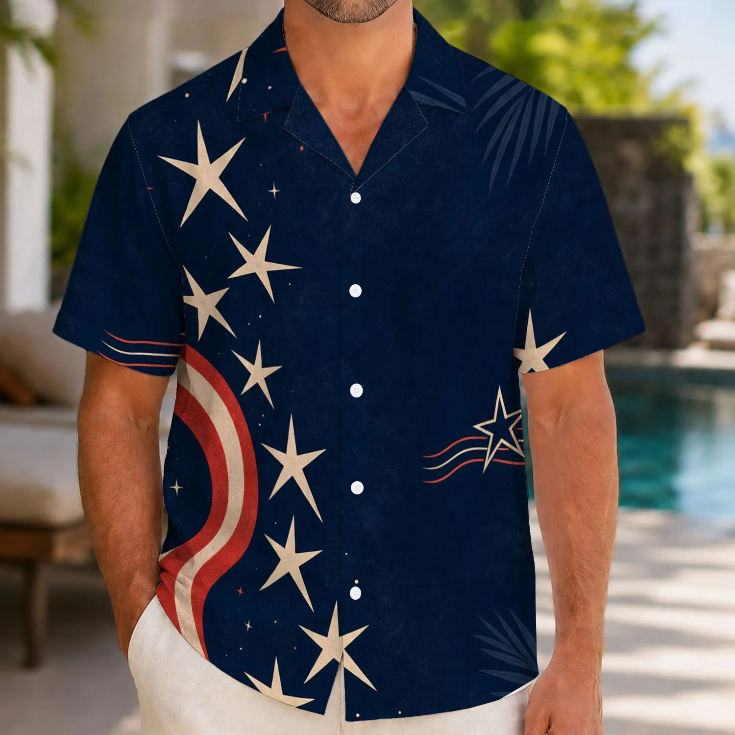 Navy Crimson Ribbon And Ivory Starbursts For Coastal Holiday Vacation Beach Wear Hawaiian Shirt - 1