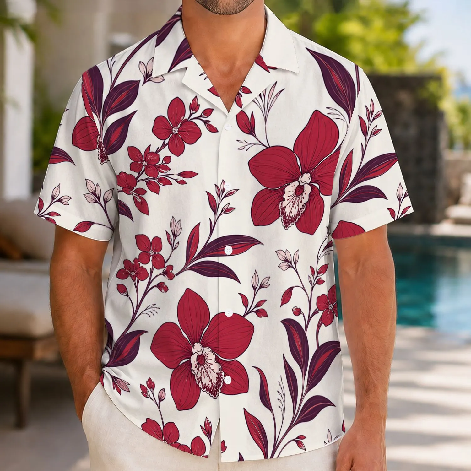 Cranberry Red Orchid Floral Tropical Resort Vacation Getaway Casual Style For Men Hawaiian Shirt - 1
