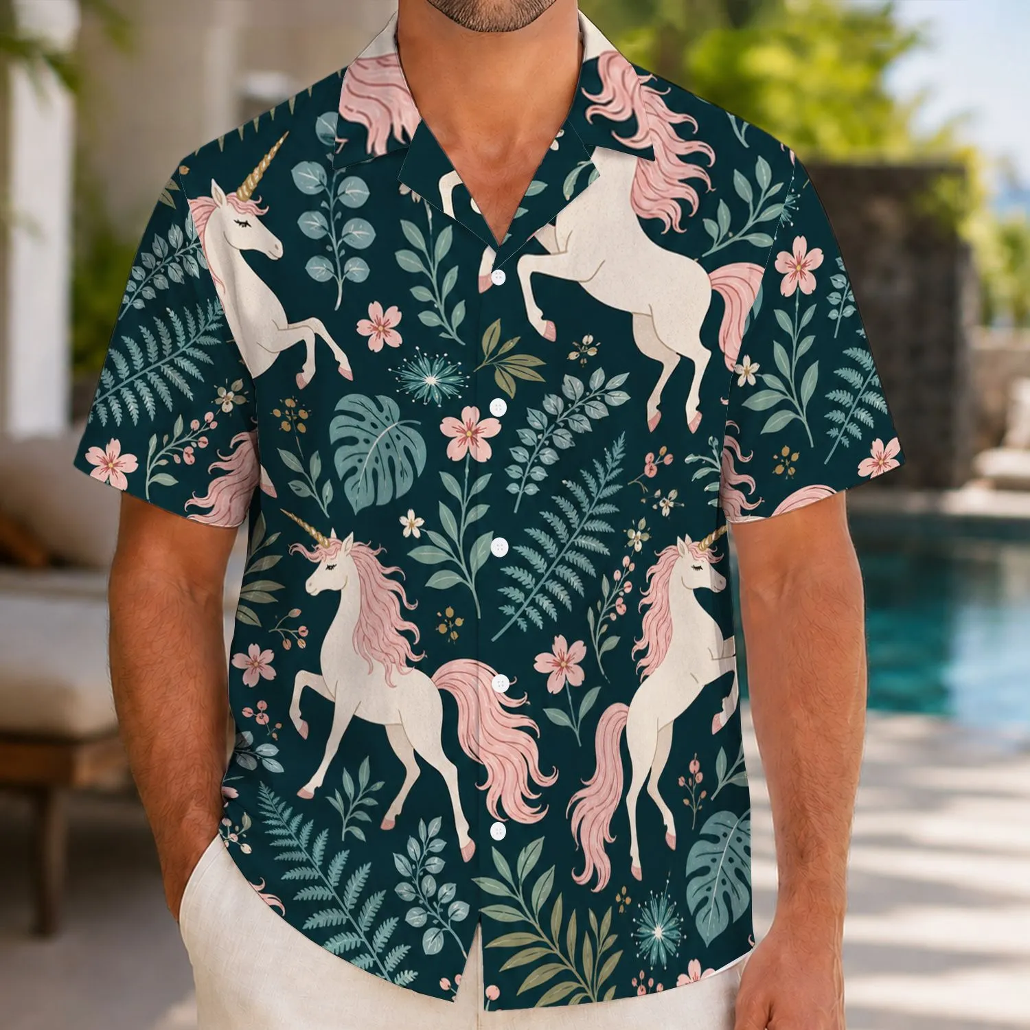 Ivory Unicorn Tropical Botanical Motifs For Resort Beach Summer Vacation Wear For Men Hawaiian Shirt - 1