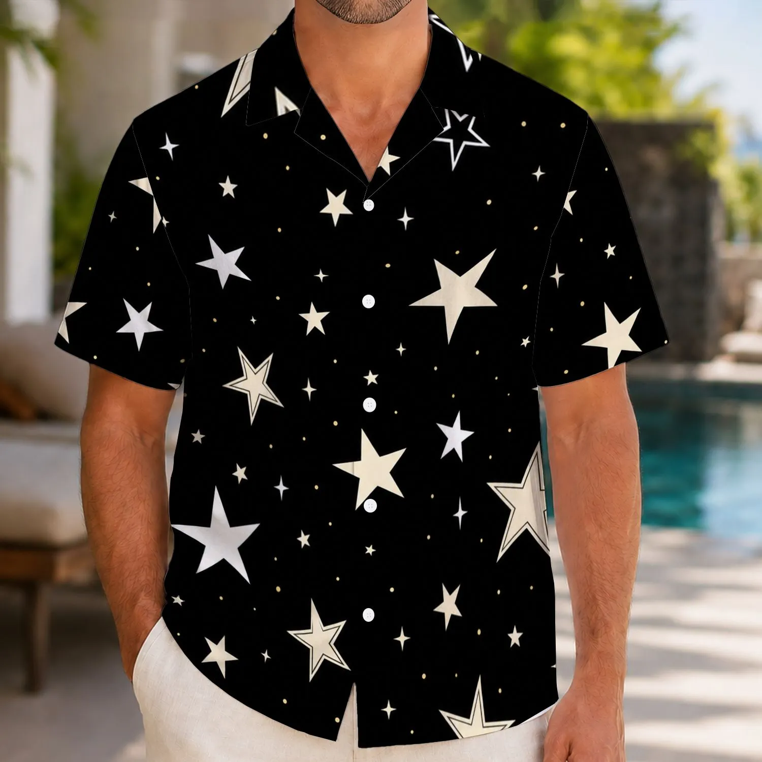 Black Ivory White Star Night Sky Retro Resort Summer Vacation Wear For Men And Dads Hawaiian Shirt - 1