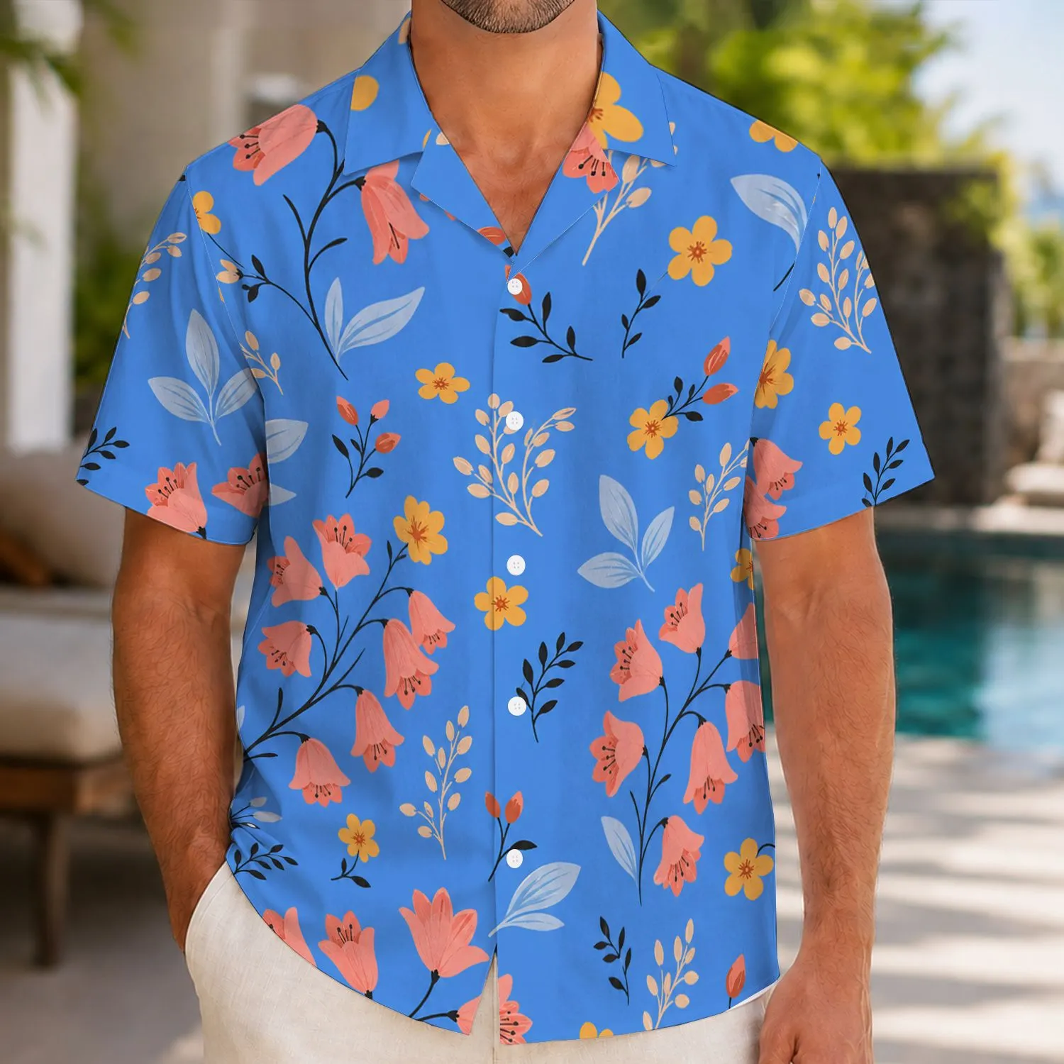 Coral Bell Flowers And Blue Meadow Florals For Beach Vacation Travel And Resort Days Hawaiian Shirt - 1