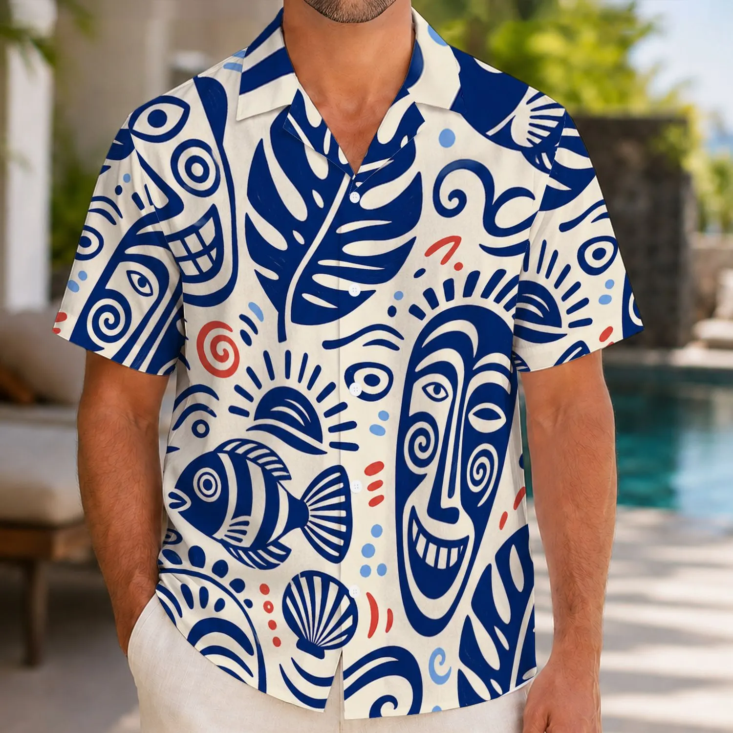 Mid-Century Tropical Mask Fish And Wave Motifs For Retro Resort Vacation Outfits Hawaiian Shirt - 1