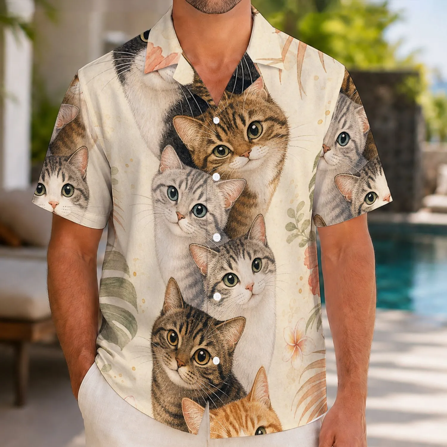 Watercolor Cat Faces And Tropical Florals For Resort Travel And Summer Cat Lovers Hawaiian Shirt - 1