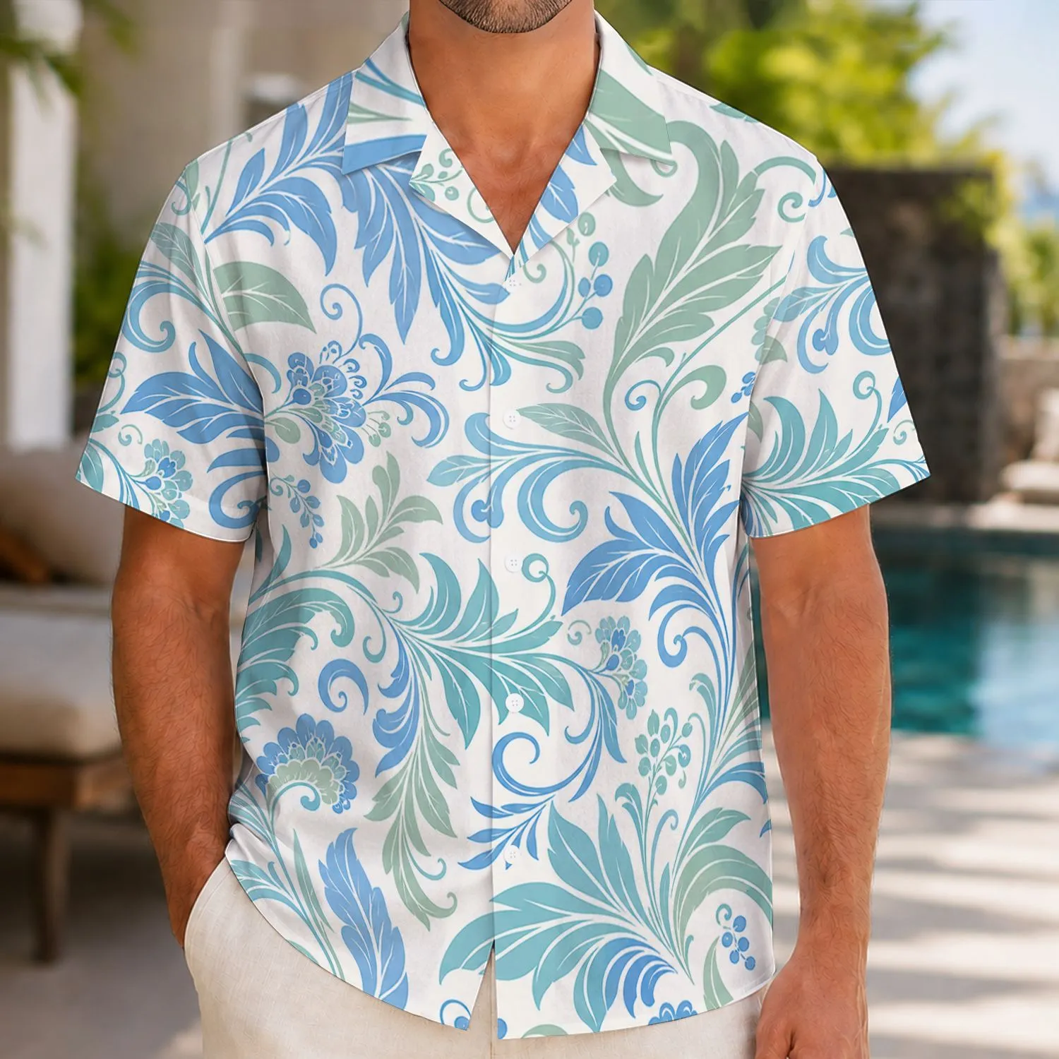 Blue Seafoam Tropical Vine Floral Resort Wear For Plus Size Beach Vacation Style Hawaiian Shirt - 1