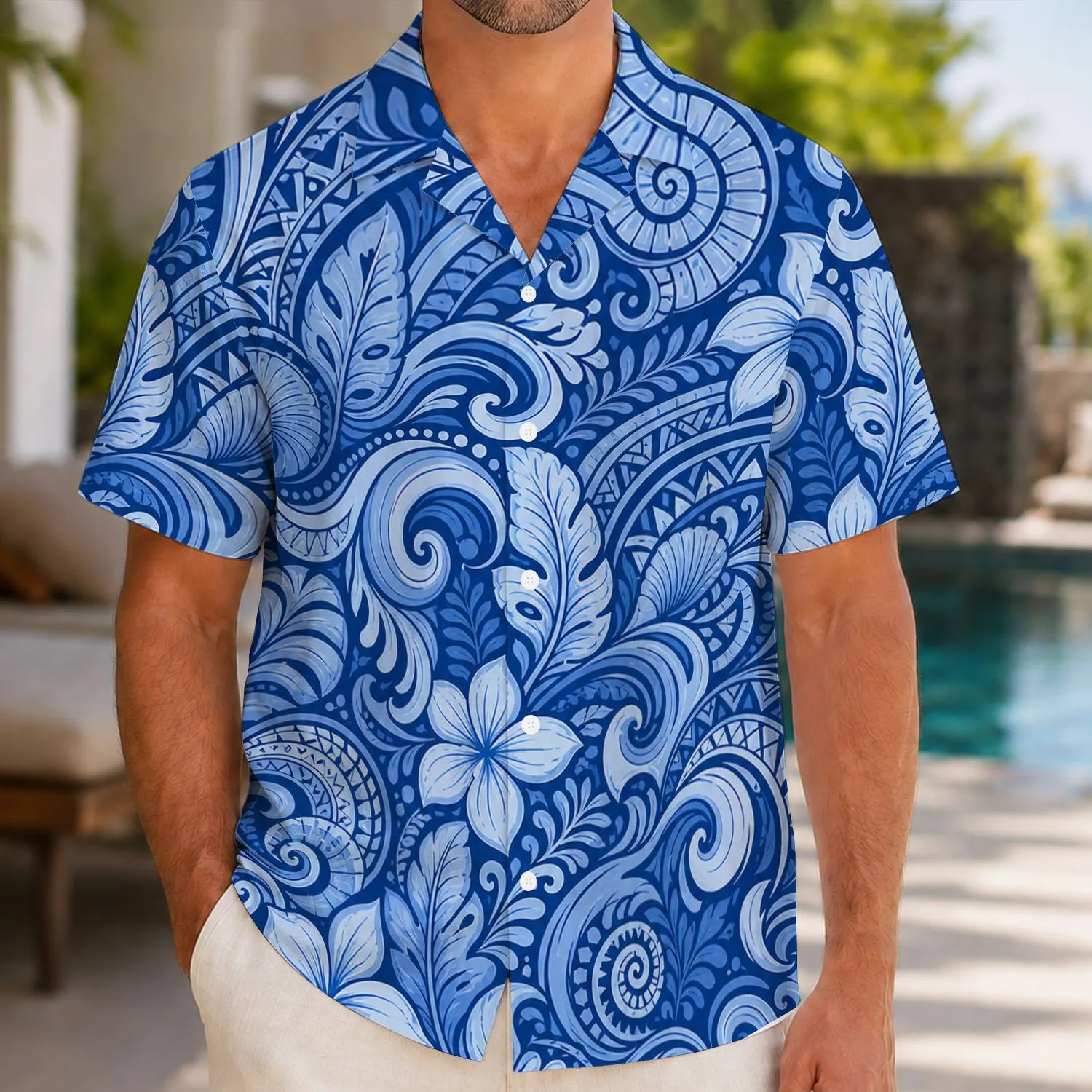 Blue Tropical Wave Floral Ornament for Beach Vacations, Cruises and Resort Getaways Hawaiian Shirt - 1