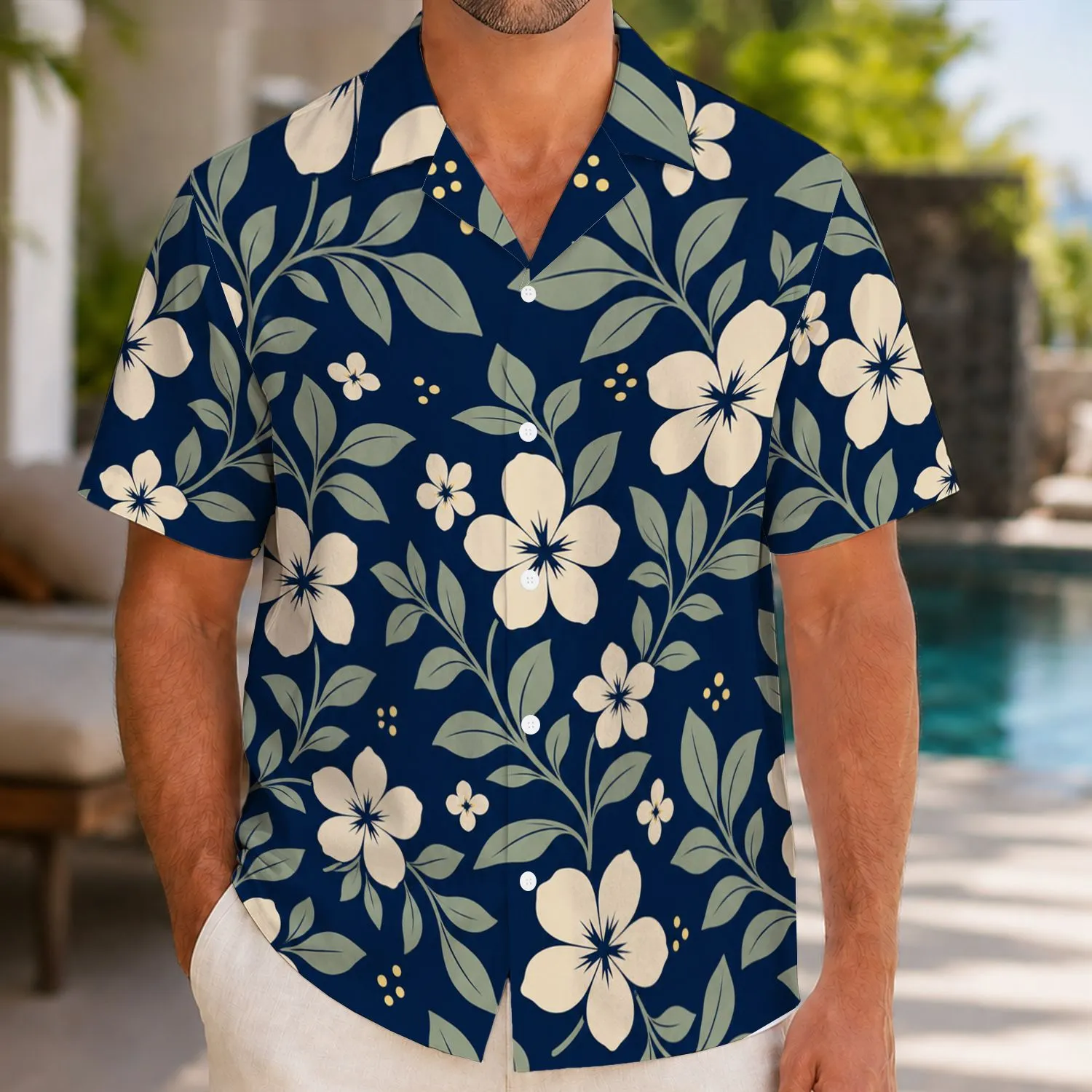 Midnight Navy Ivory Tropical Flowers for Resort Vacations and Island Getaways Hawaiian Shirt - 1