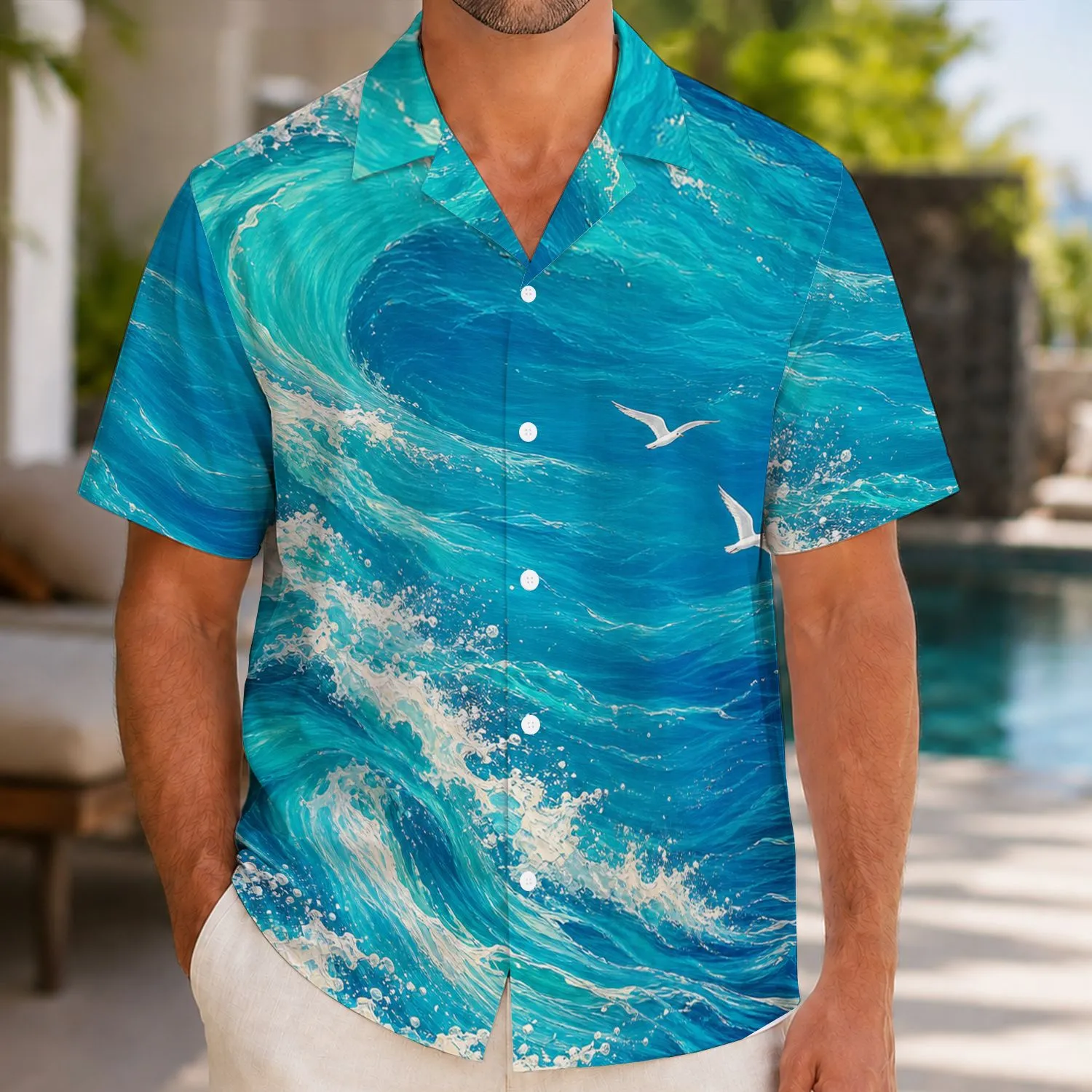 Ocean Wave Seagull Oil Painting for Beach Vacation Cruise And Coastal Resort Wear Hawaiian Shirt - 1