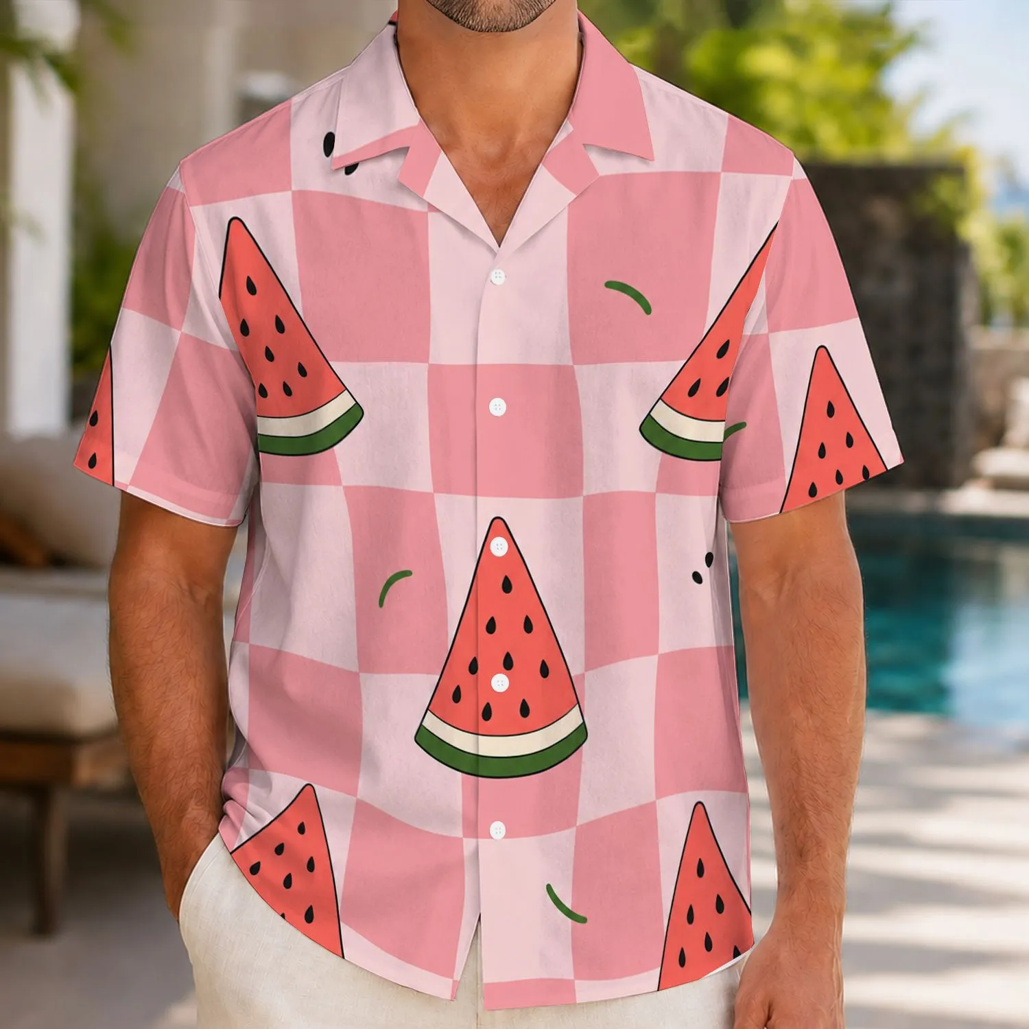 Watermelon Checkerboard Resort Wear for Beach Vacations, Summer Parties and Travel Hawaiian Shirt - 1